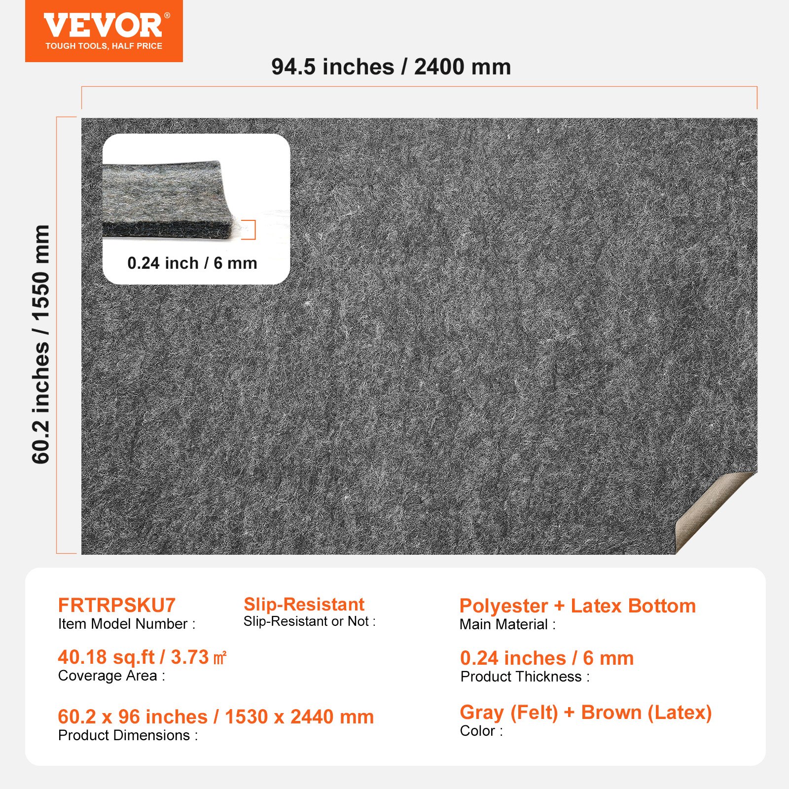 VEVOR Carpet Tiles, 153x244cm, Protective Rubber Backing for Carpets, 0.6cm Thick – Double-Sided Felt Anti-Slip Mat, Flooring, Safe for All Floors, Grey