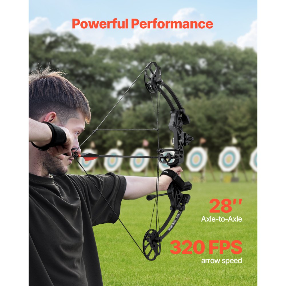 VEVOR Compound Bow Archery, Adjustable 482.6-762 mm Draw Length, Compound Bow Package for Beginners, 8.62-31.75 kg Draw Weight, Right-Handed Kit with Hunting Equipment, 320 fps, Black