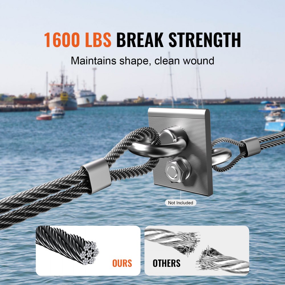 VEVOR wire rope set, 3.18 mm diameter x 152.4 m, 316 stainless steel cable with cutter & gloves, 7.1 kN breaking strength, 7 x 7 strand core in marine & aircraft grade for handrails, stairs, patio fences