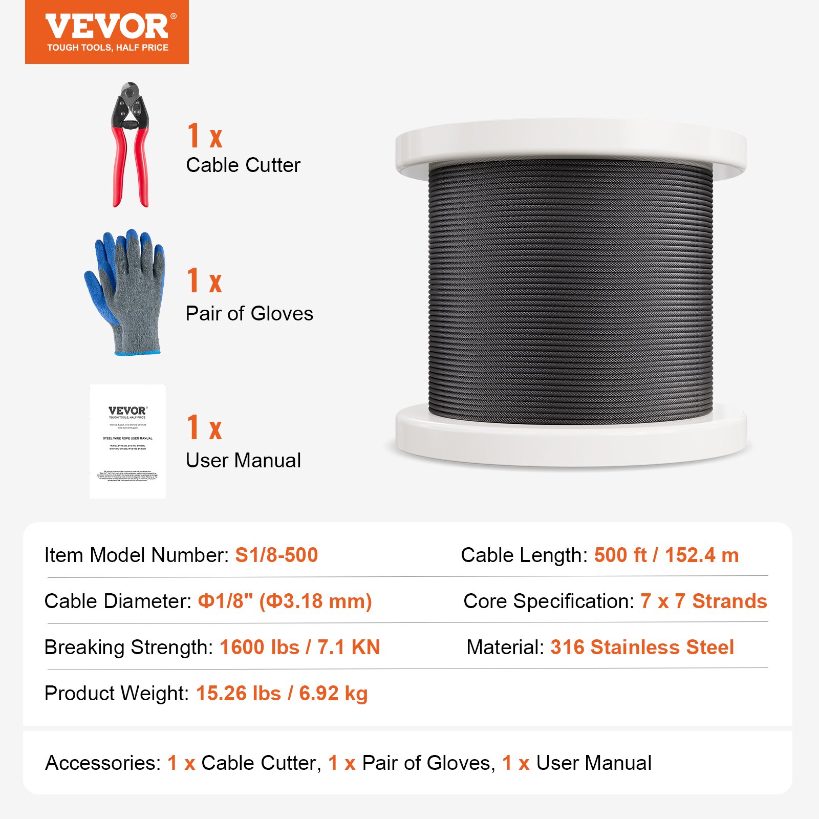 VEVOR wire rope set, 3.18 mm diameter x 152.4 m, 316 stainless steel cable with cutter & gloves, 7.1 kN breaking strength, 7 x 7 strand core in marine & aircraft grade for handrails, stairs, patio fences