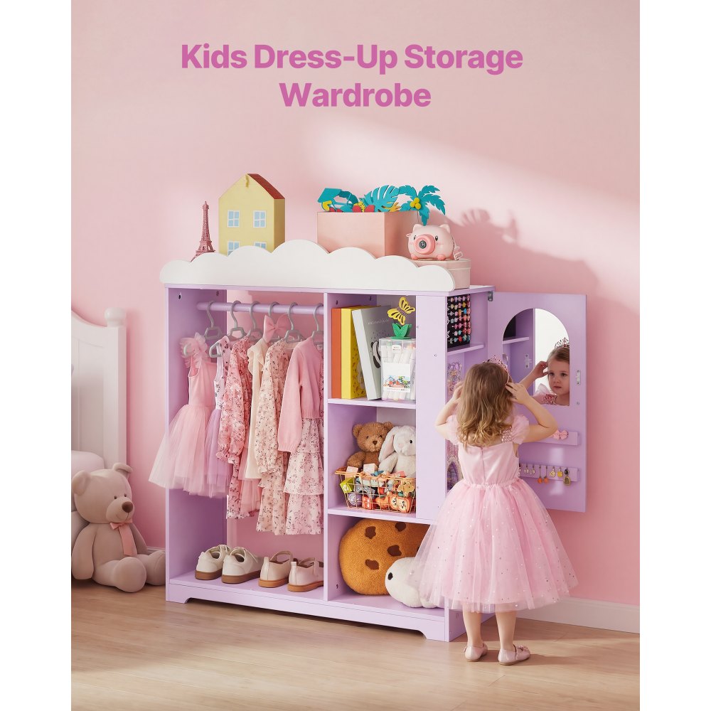VEVOR Armadio per Costumi da Bambini con Mobiletto Portagiochi Colore Viola, Appendiabiti con Specchio e Ripiani, Guardaroba per Costumi da Travestimento, per Vestiti Camera da Letto Cameretta Bambini