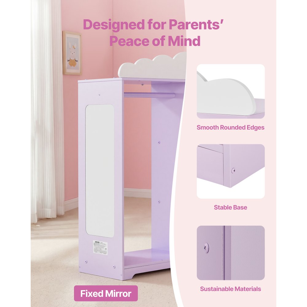 VEVOR Armadio per Costumi da Bambini con Mobiletto Portagiochi Colore Viola, Appendiabiti con Specchio e Ripiani, Guardaroba per Costumi da Travestimento, per Vestiti Camera da Letto Cameretta Bambini