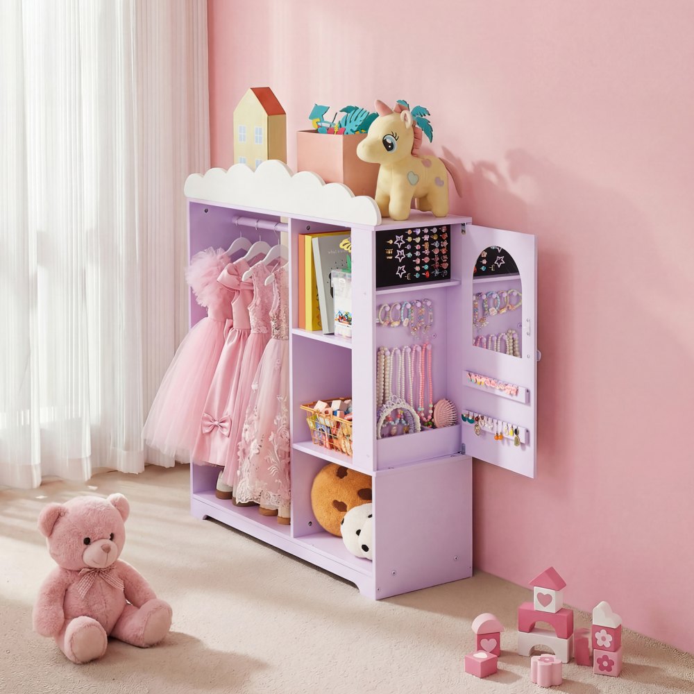 VEVOR Armadio per Costumi da Bambini con Mobiletto Portagiochi Colore Viola, Appendiabiti con Specchio e Ripiani, Guardaroba per Costumi da Travestimento, per Vestiti Camera da Letto Cameretta Bambini