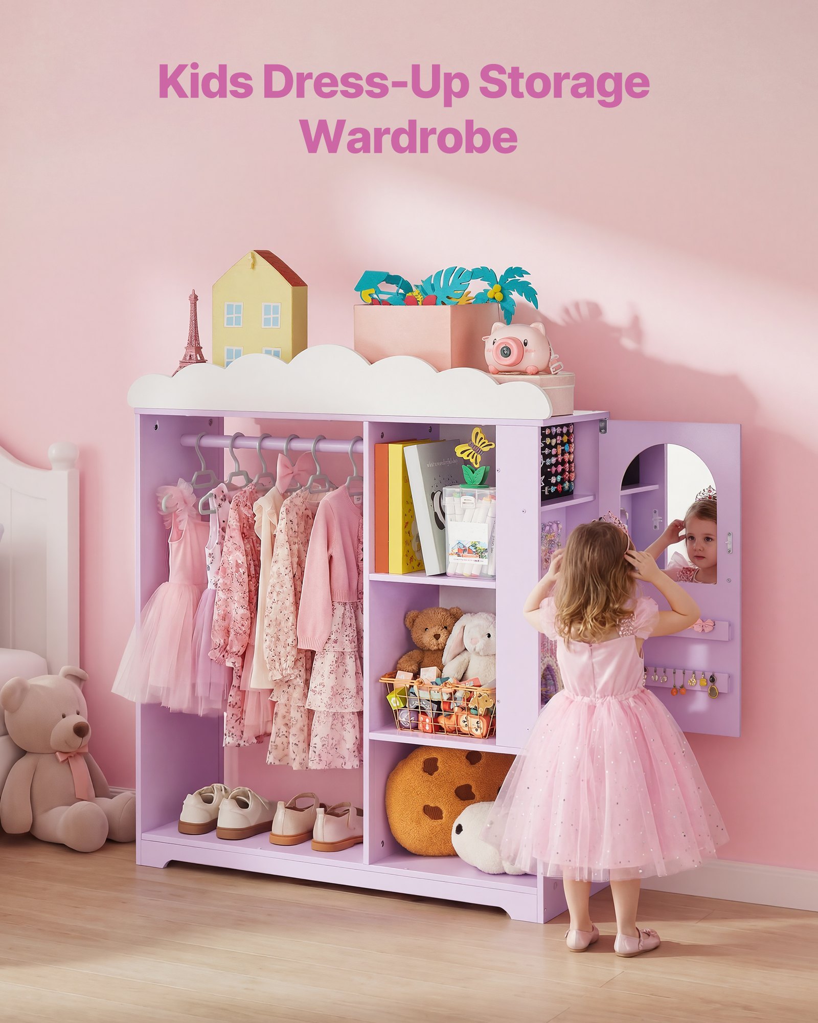 VEVOR Armadio per Costumi da Bambini con Mobiletto Portagiochi Colore Viola, Appendiabiti con Specchio e Ripiani, Guardaroba per Costumi da Travestimento, per Vestiti Camera da Letto Cameretta Bambini