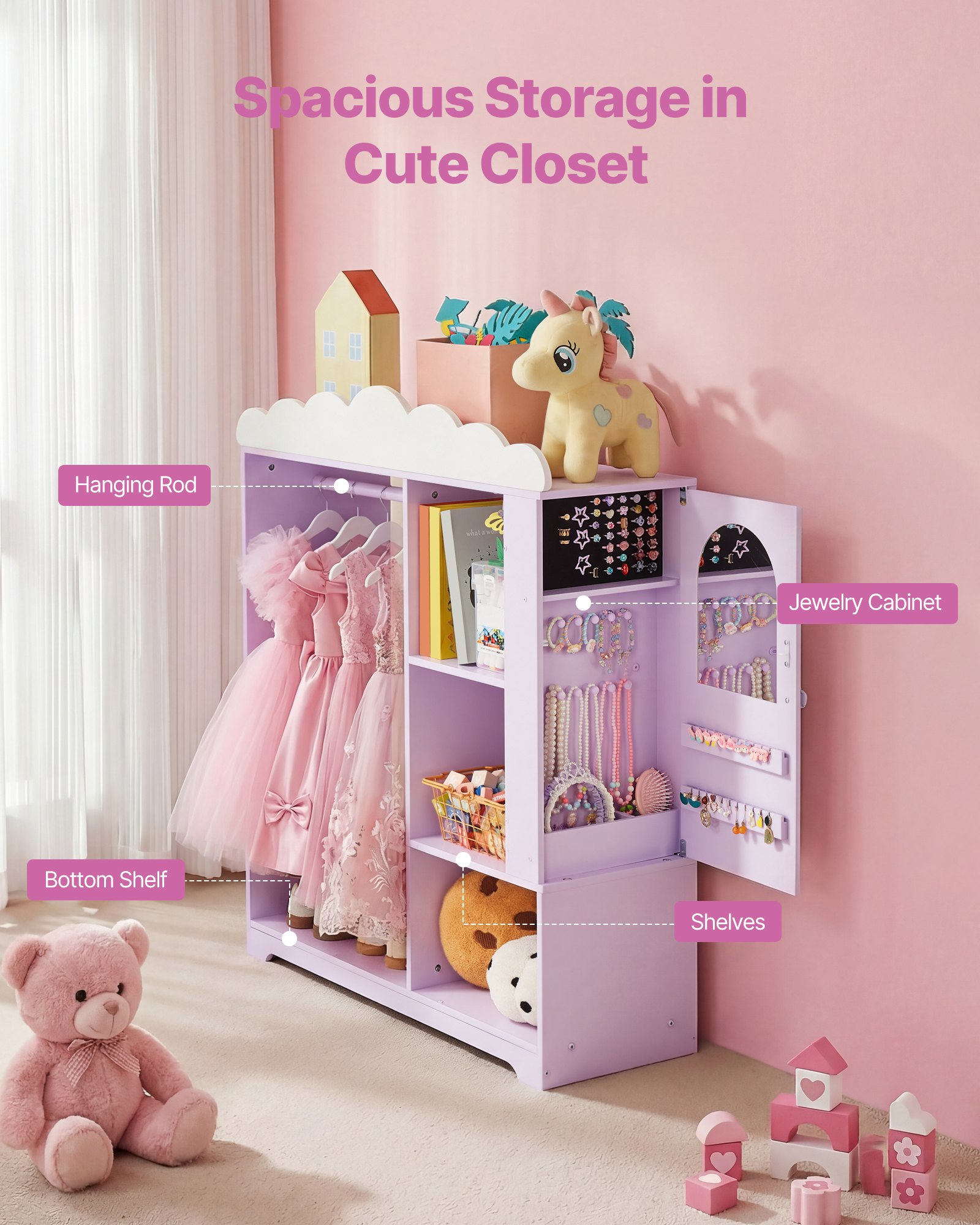 VEVOR Armadio per Costumi da Bambini con Mobiletto Portagiochi Colore Viola, Appendiabiti con Specchio e Ripiani, Guardaroba per Costumi da Travestimento, per Vestiti Camera da Letto Cameretta Bambini