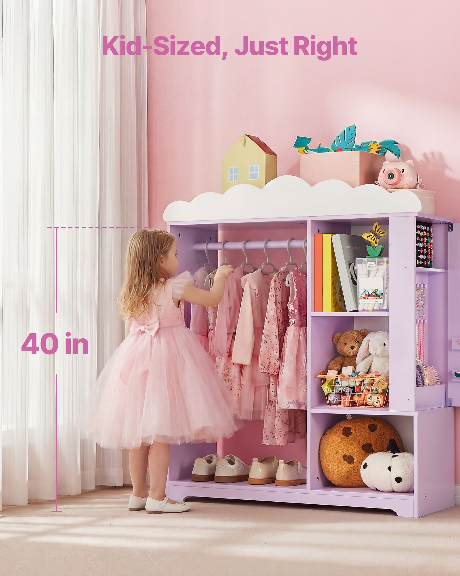 VEVOR Armadio per Costumi da Bambini con Mobiletto Portagiochi Colore Viola, Appendiabiti con Specchio e Ripiani, Guardaroba per Costumi da Travestimento, per Vestiti Camera da Letto Cameretta Bambini