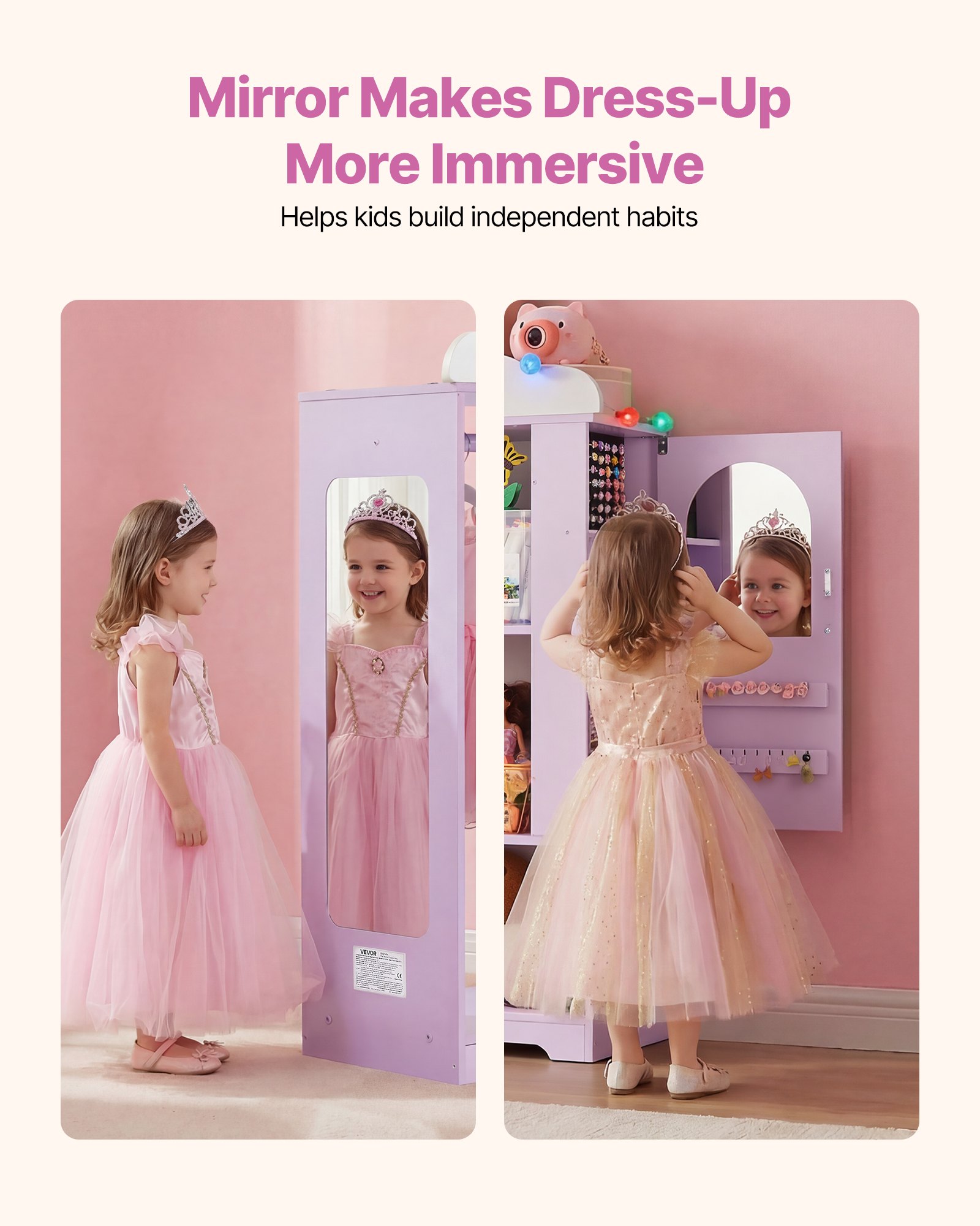 VEVOR Armadio per Costumi da Bambini con Mobiletto Portagiochi Colore Viola, Appendiabiti con Specchio e Ripiani, Guardaroba per Costumi da Travestimento, per Vestiti Camera da Letto Cameretta Bambini