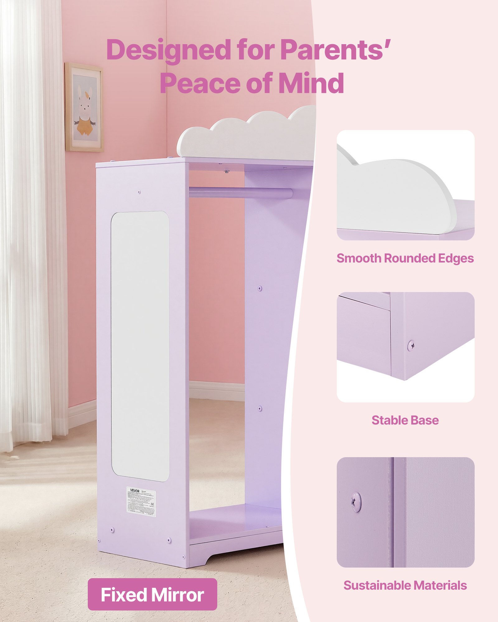 VEVOR Armadio per Costumi da Bambini con Mobiletto Portagiochi Colore Viola, Appendiabiti con Specchio e Ripiani, Guardaroba per Costumi da Travestimento, per Vestiti Camera da Letto Cameretta Bambini