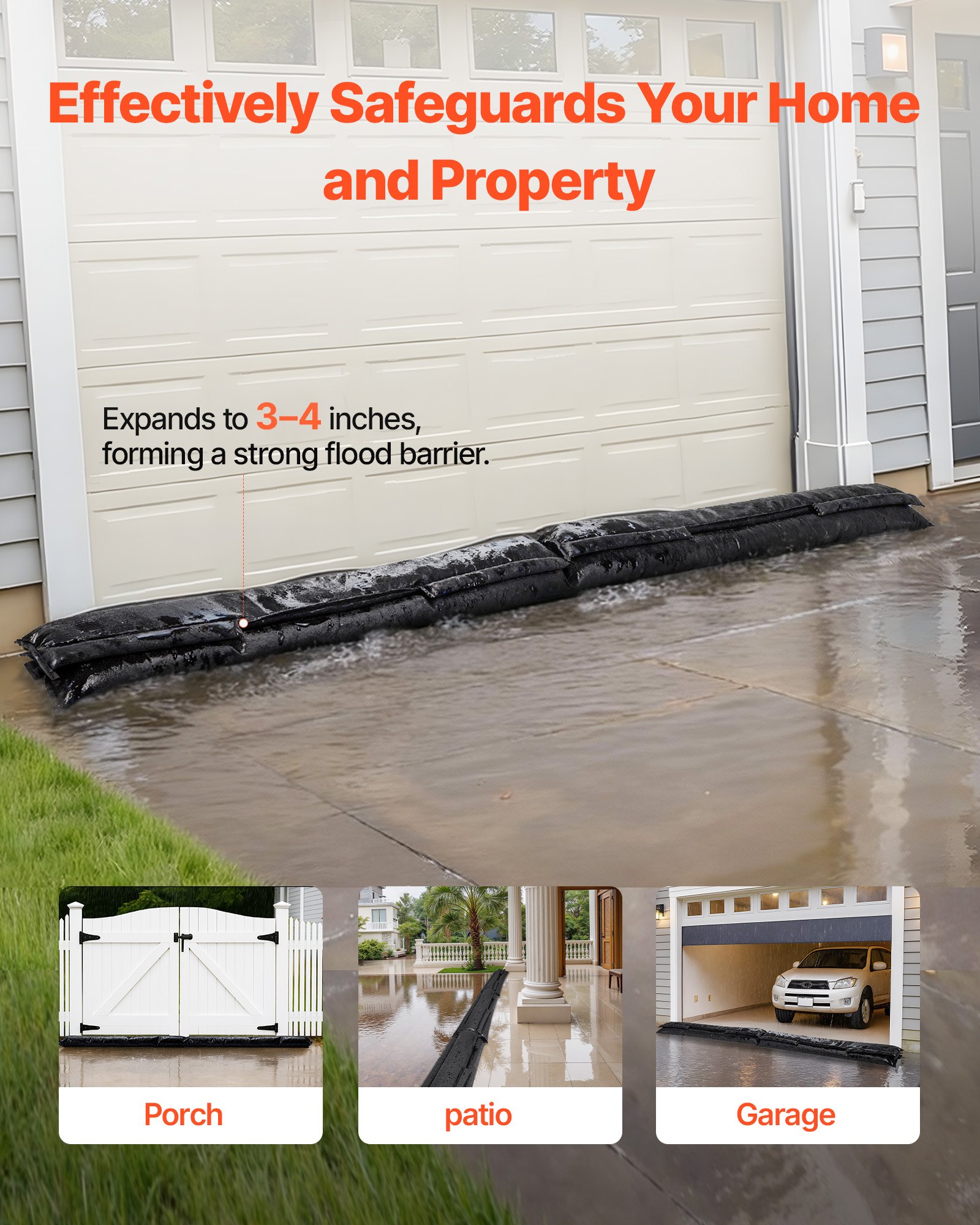 VEVOR Flood Barrier, 4 Pack, 1530 x 210 mm Flood Bags Activated by Water, Reusable Water Absorbent Barrier, Sandless Sandbags Blockage, Flooding Prevention Bags for Home, Doorway, Basement, Garage