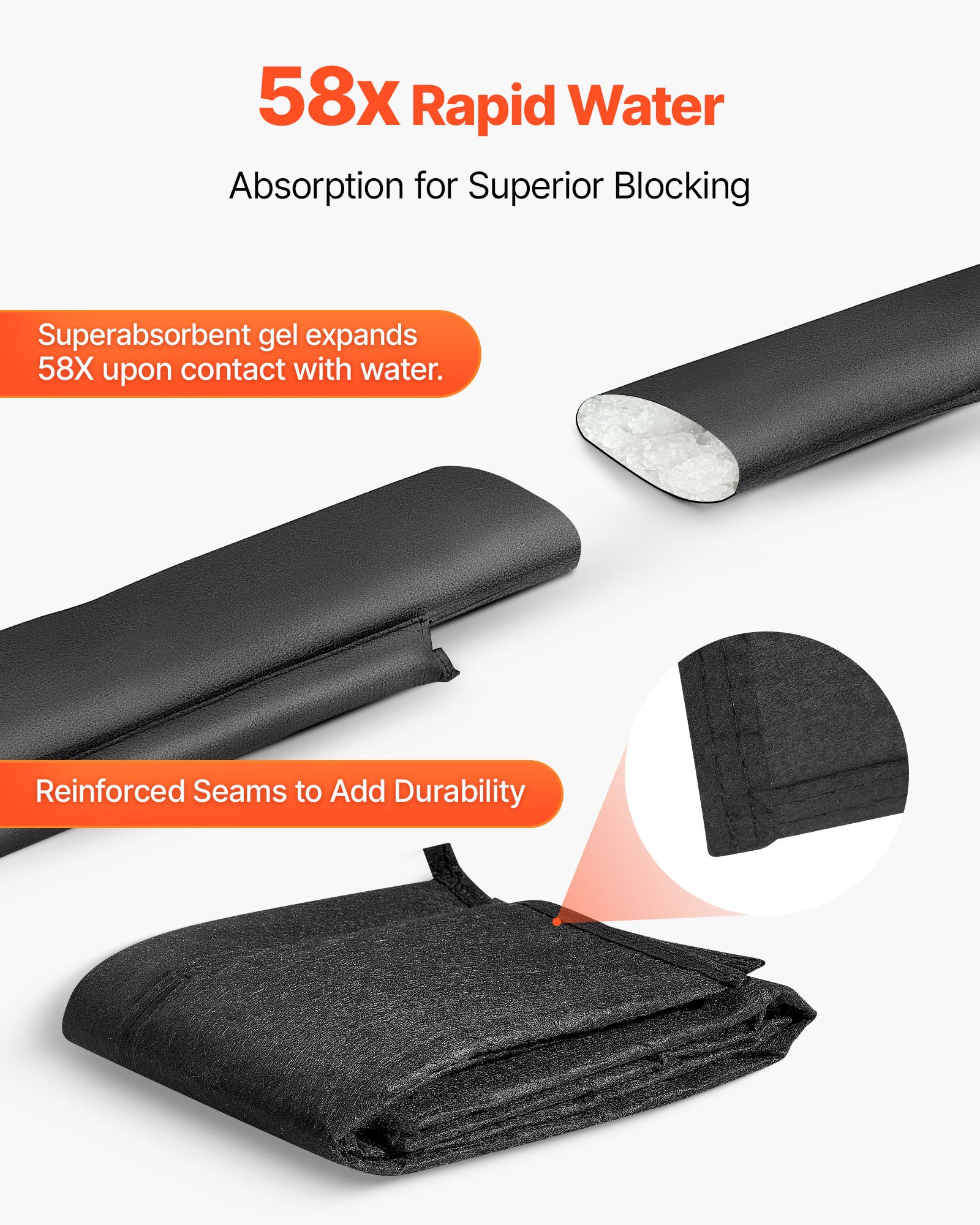 VEVOR Flood Barrier, 4 Pack, 1530 x 210 mm Flood Bags Activated by Water, Reusable Water Absorbent Barrier, Sandless Sandbags Blockage, Flooding Prevention Bags for Home, Doorway, Basement, Garage