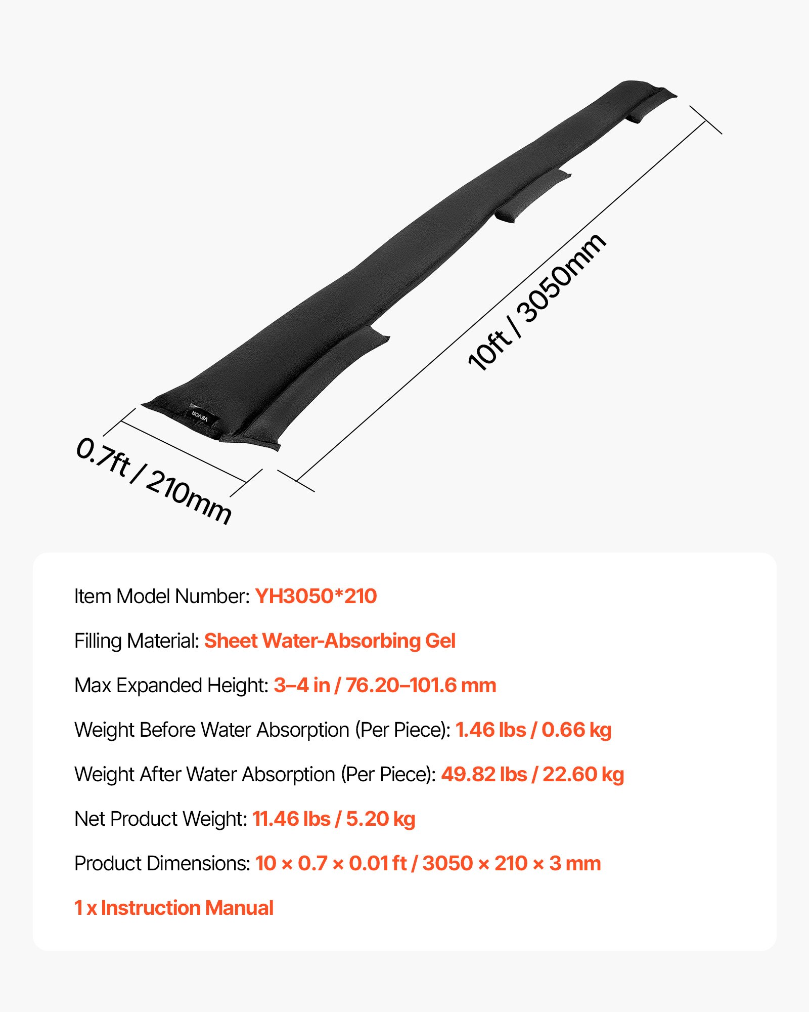 VEVOR Flood Barrier, 8 Pack, 3050 x 210 mm Flood Bags Activated by Water, Reusable Water Absorbent Barrier, Sandless Sandbags Blockage, Flooding Prevention Bags for Home, Doorway, Basement, Garage