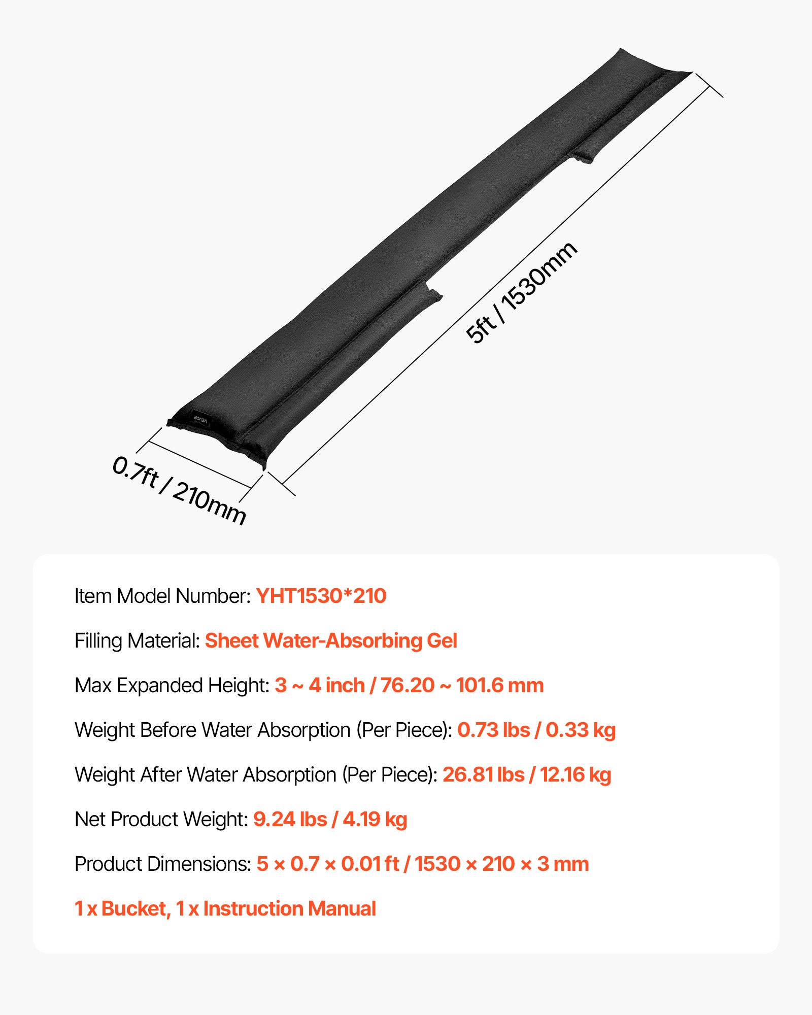 VEVOR Barriera Antiallagamento Set di Sacco di Sabbia Senza Sabbia 153x21 cm per Protezione Antiallagamento Sacchi contro Allagamento per Porte Garage Officina Cantina Set di Sacco 10 pezzi