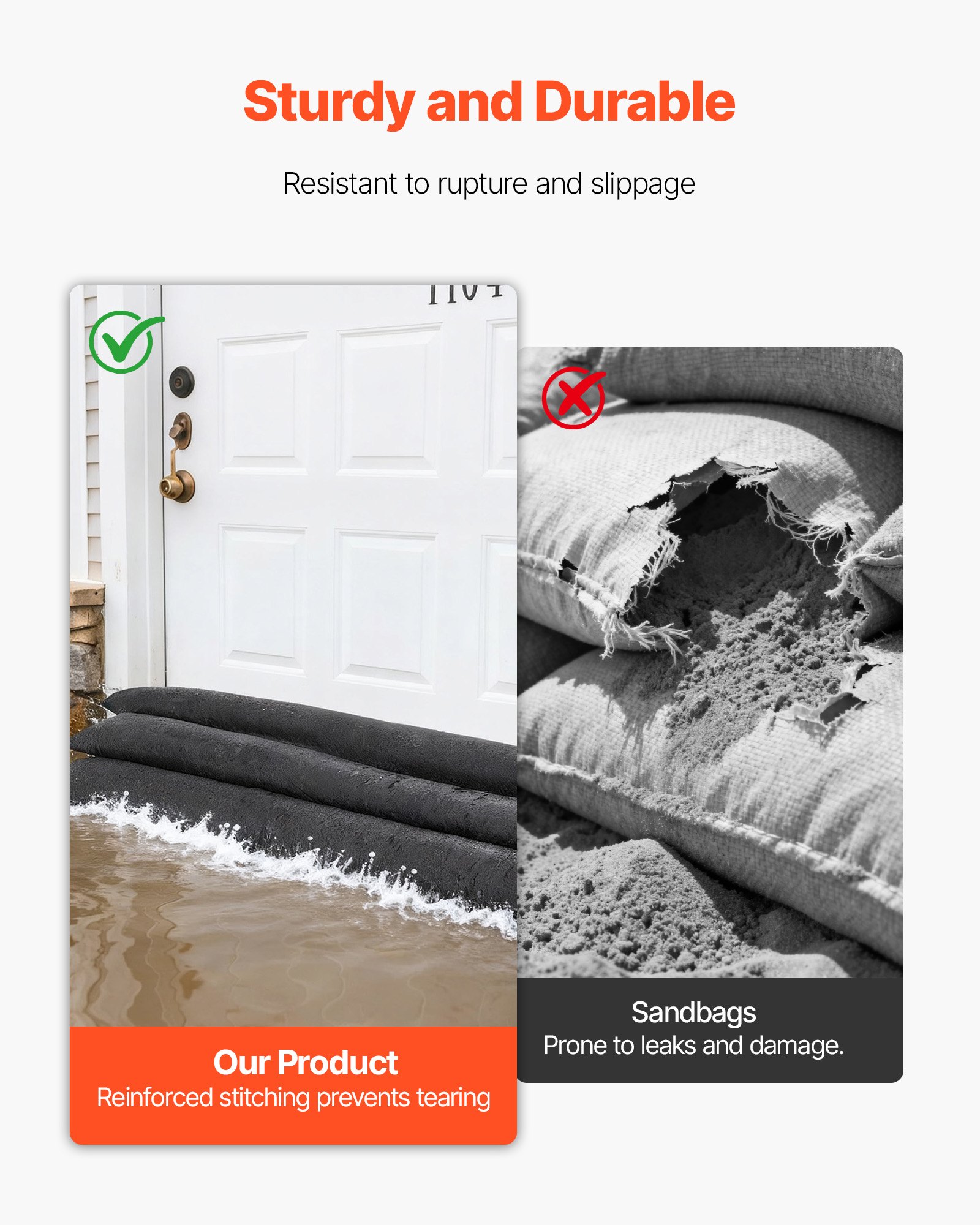 VEVOR Flood Barrier, 10 Pack, 1530 x 210 mm Flood Bags with Bucket, Reusable Water Absorbent Barrier Activated by Water, Sandless Sandbags Blockage, Flooding Prevention Bags for Basement, Garage, Doorway