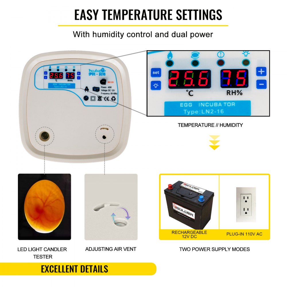 Vevor Incubatrice Per Uova 16 Digital Small Poultry Hatcher Rotolo A 360 Gradi Incubatrice Per Uova Hatcher Controllo Automatico Della Temperatura E Dell'umidità