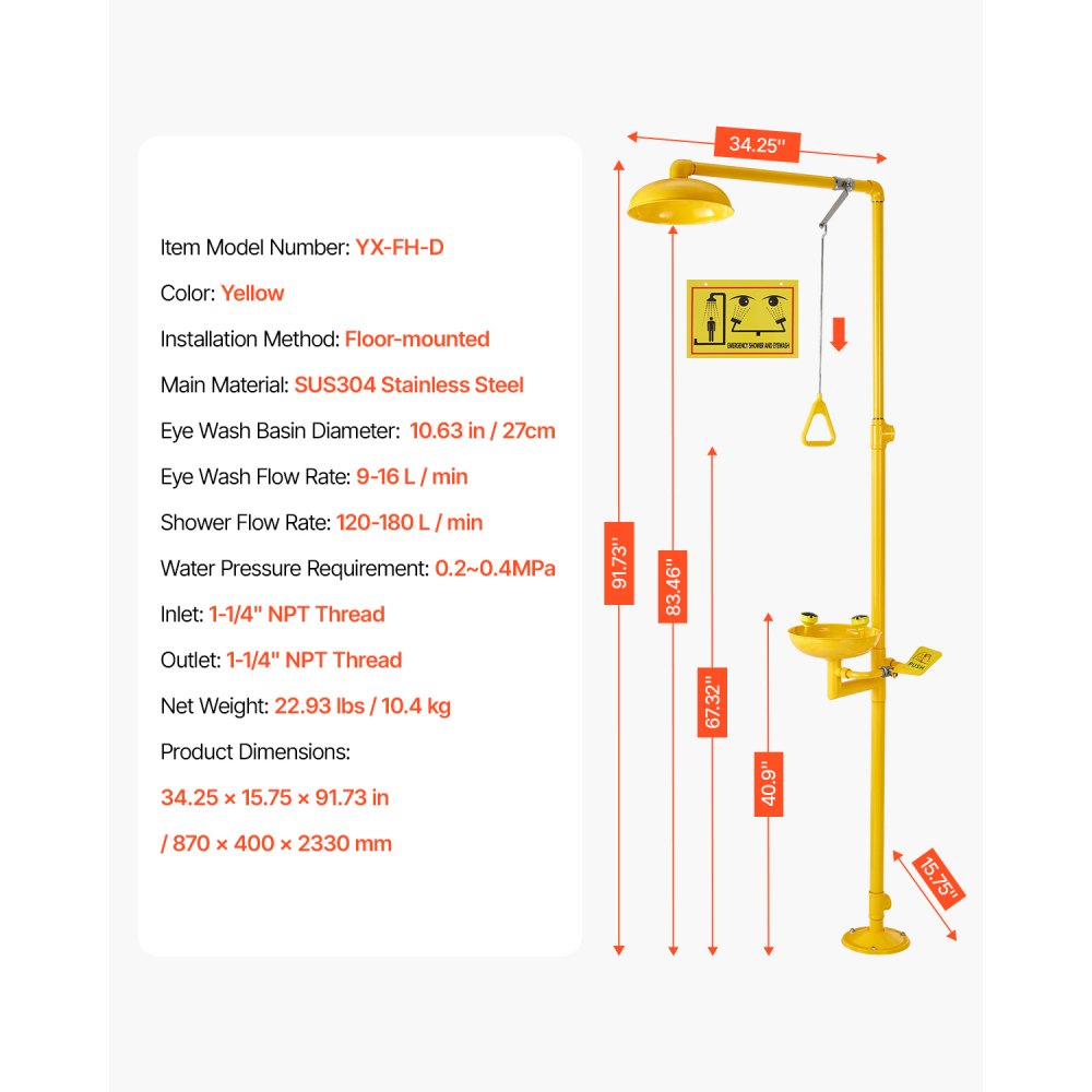 VEVOR Eyewash Station, 870x400x2330 mm, Eyewash & Shower Combination made of 304 Stainless Steel, OSHA-Approved First Aid Eye Cleaning Device, for Schools, Laboratories, Factories, Yellow