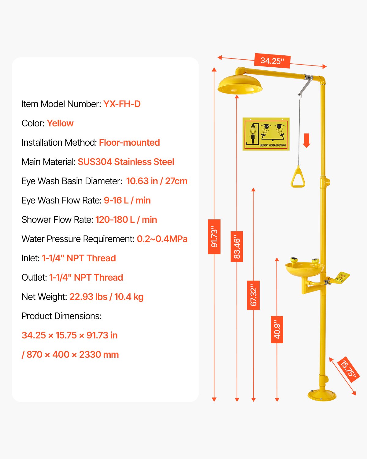 VEVOR Stazione di Lavaggio Oculare di Emergenza 870 x 400 x 2330 mm Combinazione Lavaocchi e Doccia in Acciaio Inossidabile 304,  Installazione Semplificata, per Scuole, Laboratori, Fabbriche, Giallo