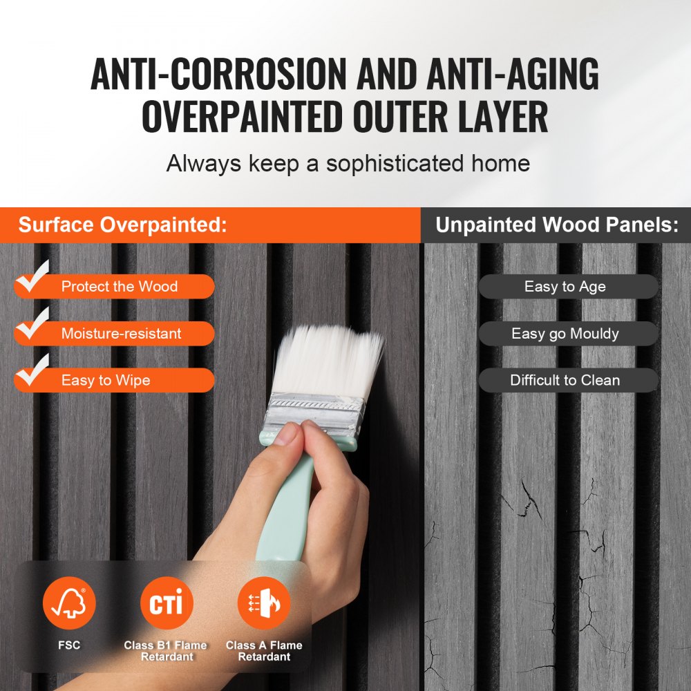 VEVOR Acoustic Panels, Acoustic Panels, 2400 x 200 mm, MDF Accent Wood Wall Panels for Modern Interior Wall Decoration, Artificial Wood Wall Panels for Noise Reduction, Black Oak, Set of 4