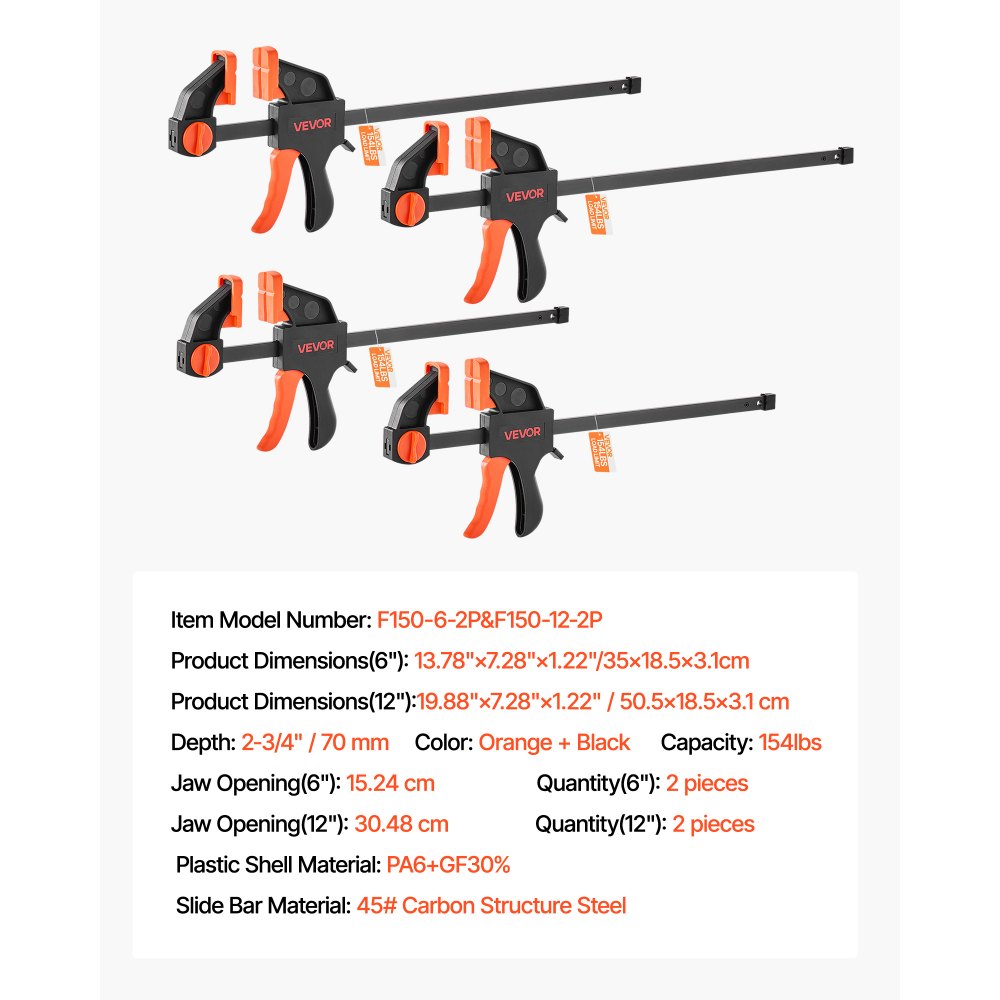 VEVOR Morsetti a Barra per Lavorazione del Legno 4 Pezzi, Apertura 15,24cm 30,48cm, Set di Morsetti Paralleli, Morsetto a F con Limite di Carico 70 kg, Profondità 70 mm, Lavorazione dei Metalli
