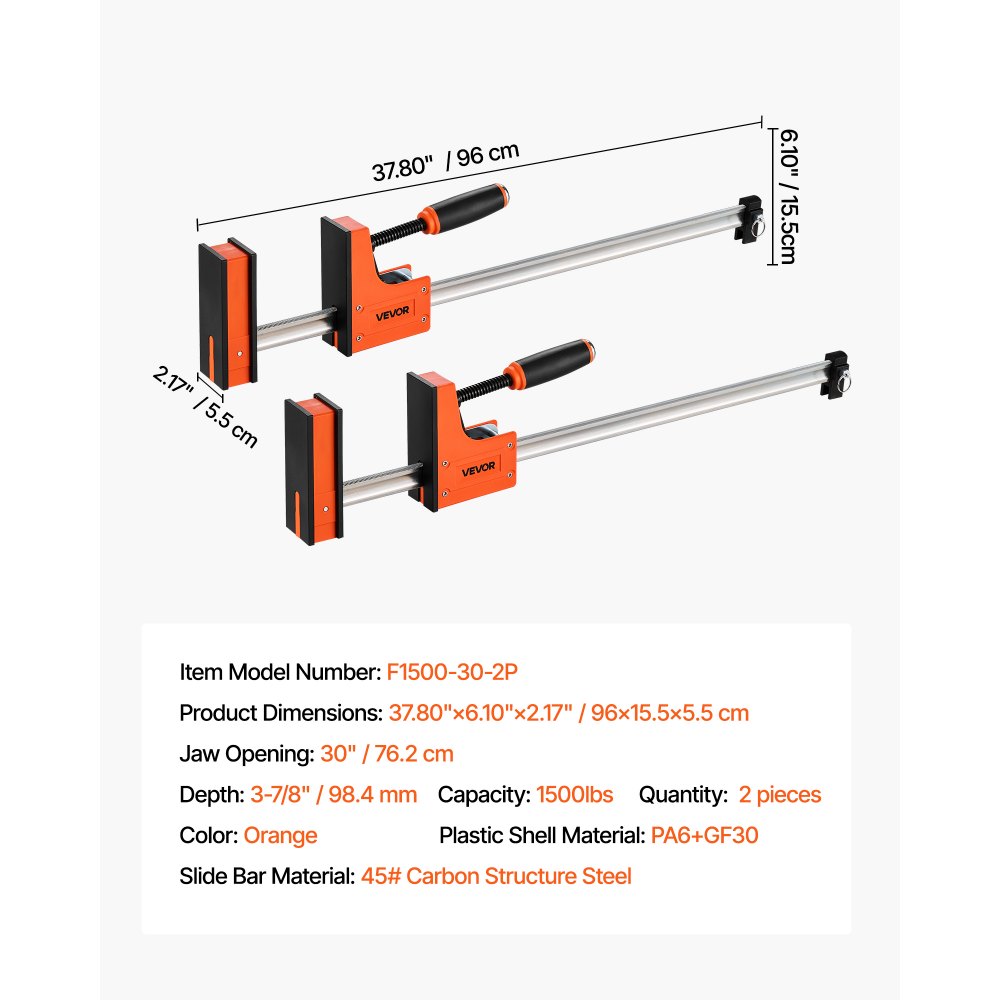 VEVOR Morsetti a Barra per Lavorazione del Legno 2 Pezzi, Apertura 762 mm, Set di Morsetti Paralleli, Morsetto a F con Limite di Carico 680 kg, Profondità 98,4 mm, Lavorazione dei Metalli