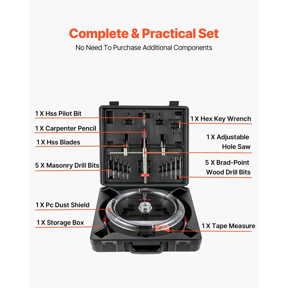 VEVOR Adjustable Hole Saw Set, 1-5/8 inch to 11-13/16 inch (40-300mm), Recessed Hole Saw with PC Dust Cover, Two Interchangeable Pilot Drills, for Recessed Lights, Ceiling Speakers, etc.
