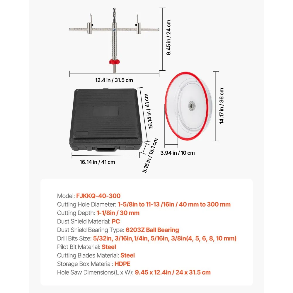 VEVOR Adjustable Hole Saw Set, 1-5/8 inch to 11-13/16 inch (40-300mm), Recessed Hole Saw with PC Dust Cover, Two Interchangeable Pilot Drills, for Recessed Lights, Ceiling Speakers, etc.
