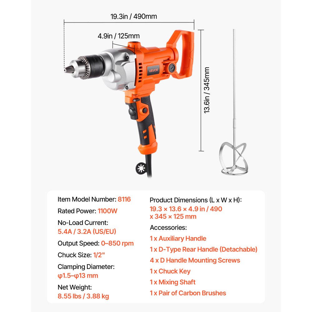 VEVOR Drill Mixer, 12.7mm Corded Electric Drill Mixer Set, 0-850RPM 3.2A Mixing Drills, Mixing Drills Machine with D-Handle for Drilling & Blending, Handheld Cement Mixers for Fodder, Paint, Cement
