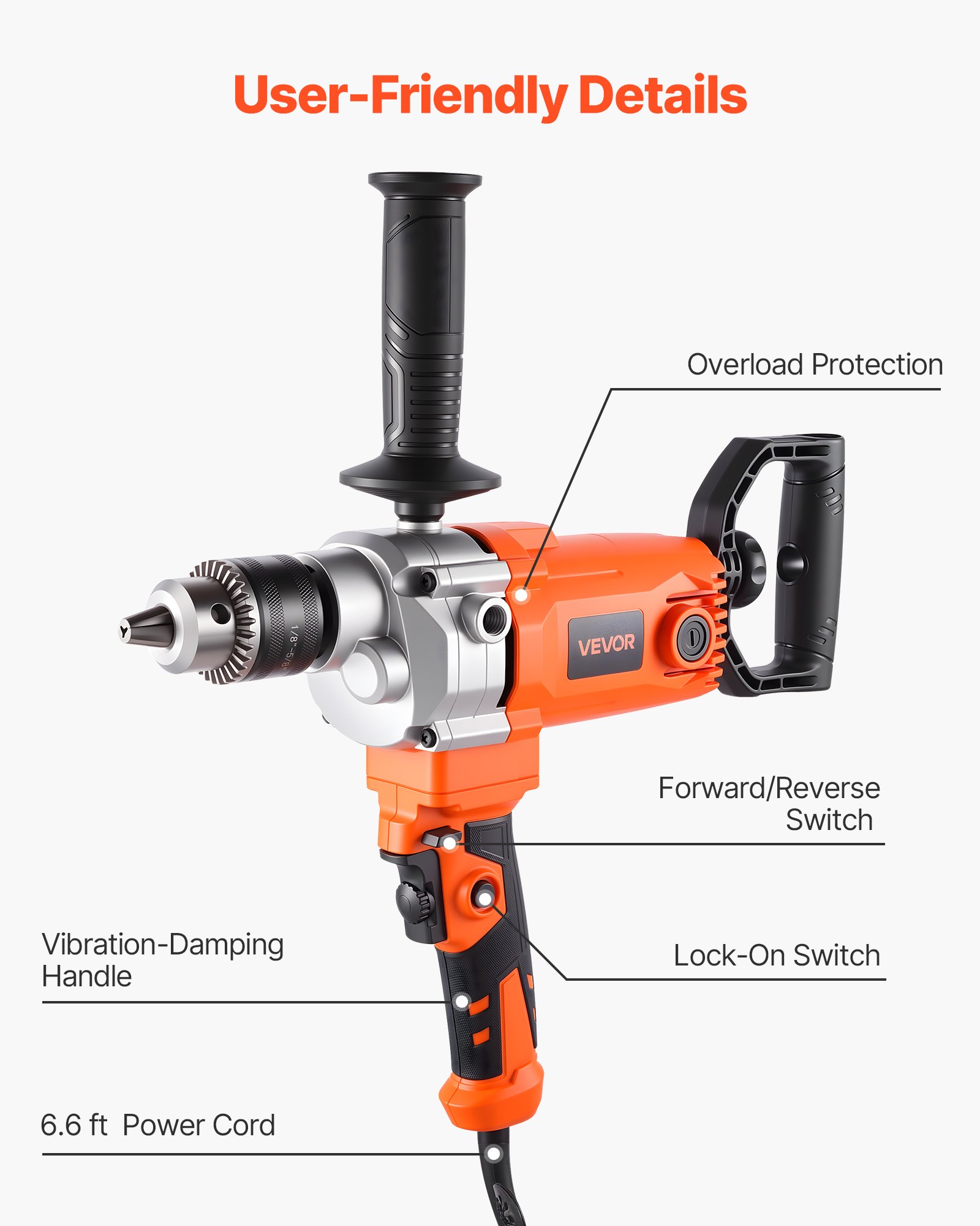 VEVOR Drill Mixer, 15.89mm Corded Electric Drill Mixer Set, 0-750RPM 3A Mixing Drills, Mixing Drills Machine with D-Handle for Drilling & Blending, Handheld Cement Mixers for Fodder, Paint, Cement