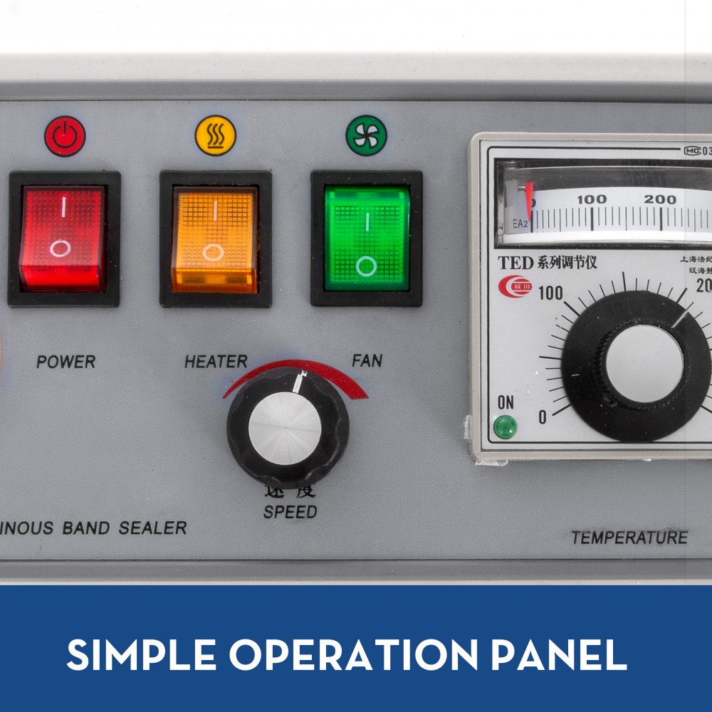 VEVOR Macchina Confezionatrice Verticale FR770, Sigillatore Automatico a Banda Continua 220V, Macchina Chiuditrice, Sigillatore Automatico Sottovuoto 500W, Pulsante di Arresto di Emergenza