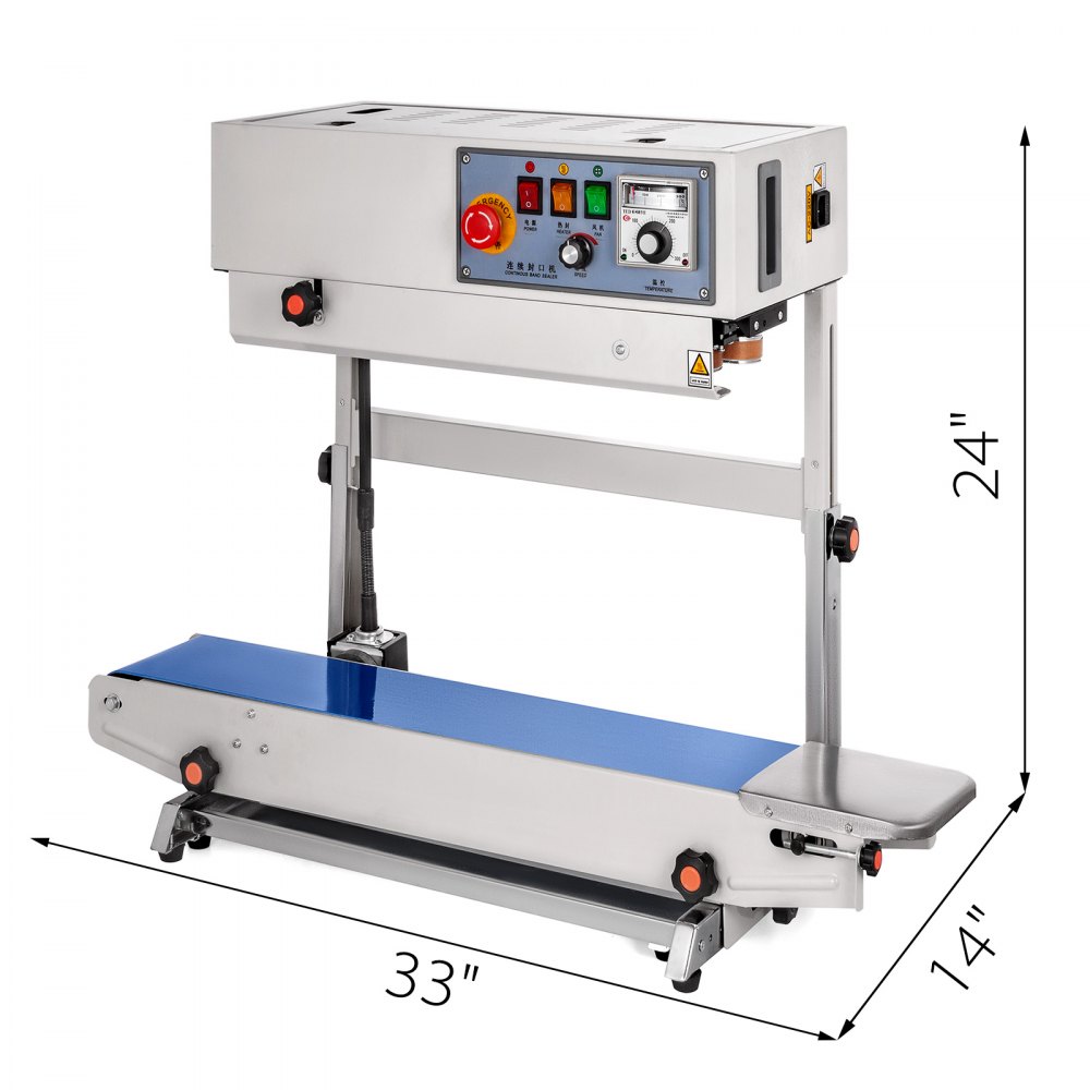 VEVOR Macchina Confezionatrice Verticale FR770, Sigillatore Automatico a Banda Continua 220V, Macchina Chiuditrice, Sigillatore Automatico Sottovuoto 500W, Pulsante di Arresto di Emergenza