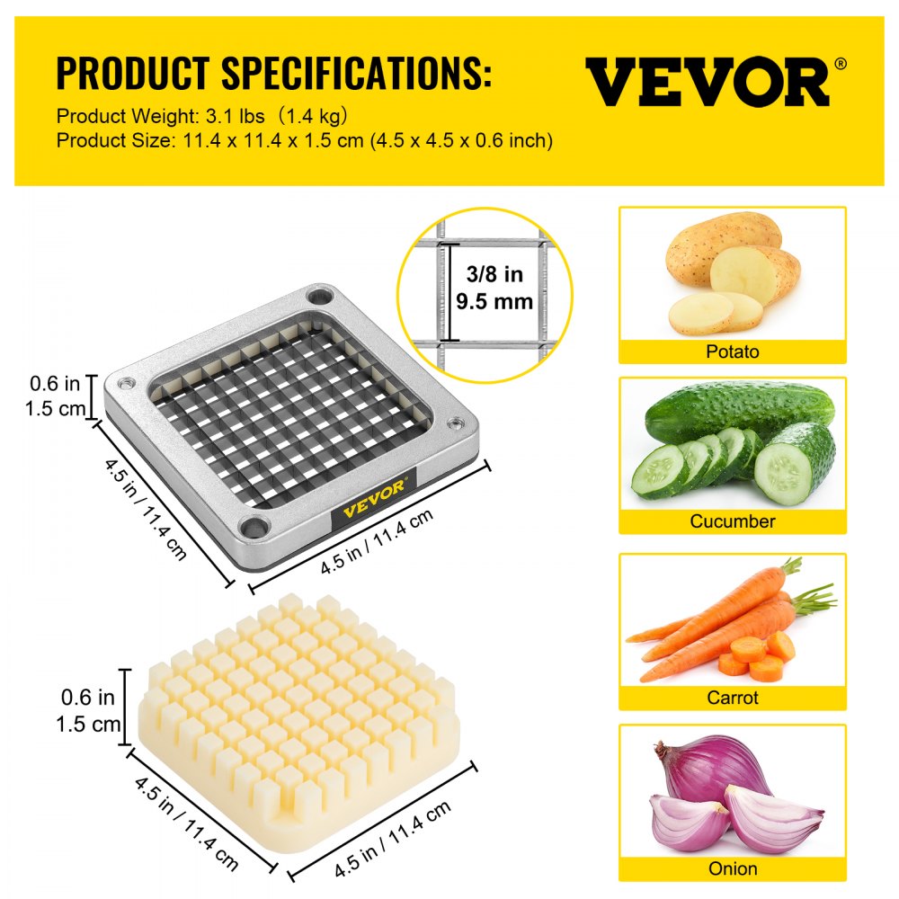 VEVOR Coltello per patatine fritte, 9,5 mm, 3 lame di ricambio con 6 coltelli extra, blocco di spinta in acciaio inossidabile per tagliare patate, carote, cipolle, cetrioli, funghi