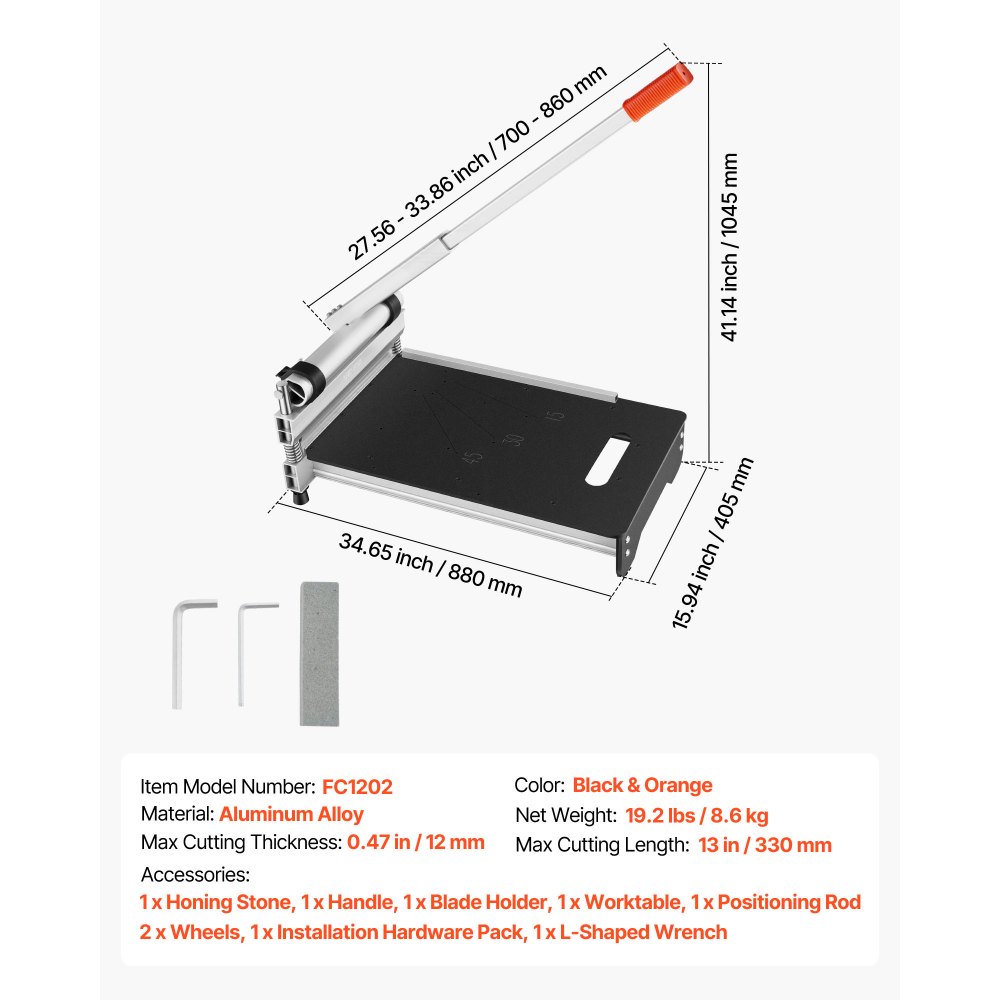 VEVOR Taglierina Laminata da 330 mm, Spessore di 12 mm con Impostazioni di Angolazione Regolabili, Ruote Flessibili, Maniglia Telescopica, Alcuni Tipi di Legno Ingegnerizzato, LVT, VCT, SPC, LVP