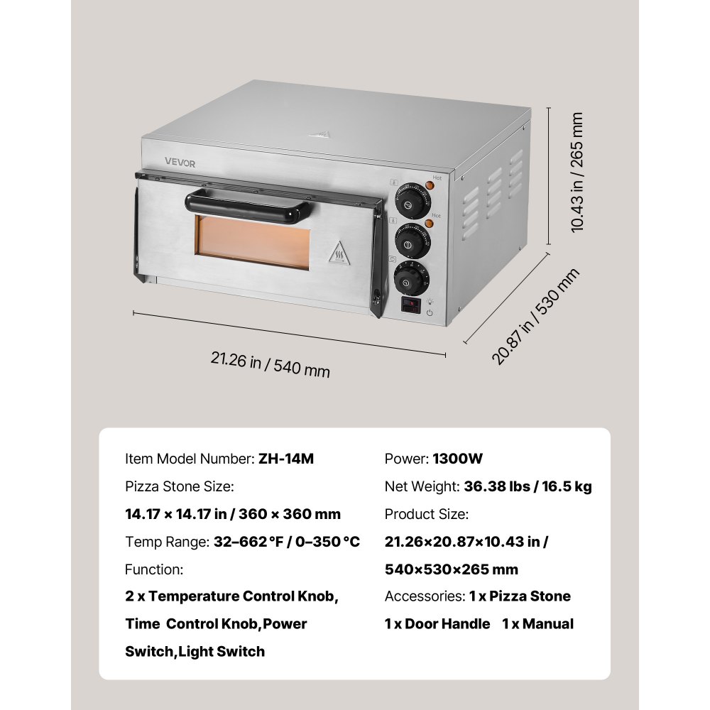Forno per pizza commerciale da banco VEVOR, 14" Single Deck Layer, forno elettrico per pizza in acciaio inox con pietra e maniglia, macchina per pizza multiuso per interni per ristoranti, pretzel al forno