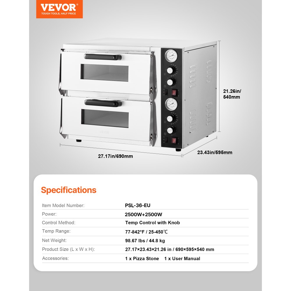 VEVOR Forno Elettrico per Pizza da 18 pollici, Forno per Pizza da Cucina 2500+2500 W max. 450°C, Controllo del Tempo e della Temperatura, Ripiano Doppio, Grill Multifunzione per Cottura