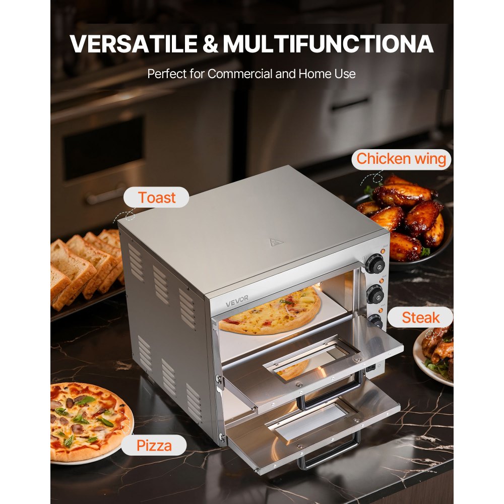 VEVOR Forno Elettrico per Pizza a 2 Strati 406mm Forno Elettrico per Pizza in Acciaio Inossidabile con Quattro Manopole Pizzaiolo Multiuso, Forno per Pizza per Interni Ristorante Cottura Casa Cucina
