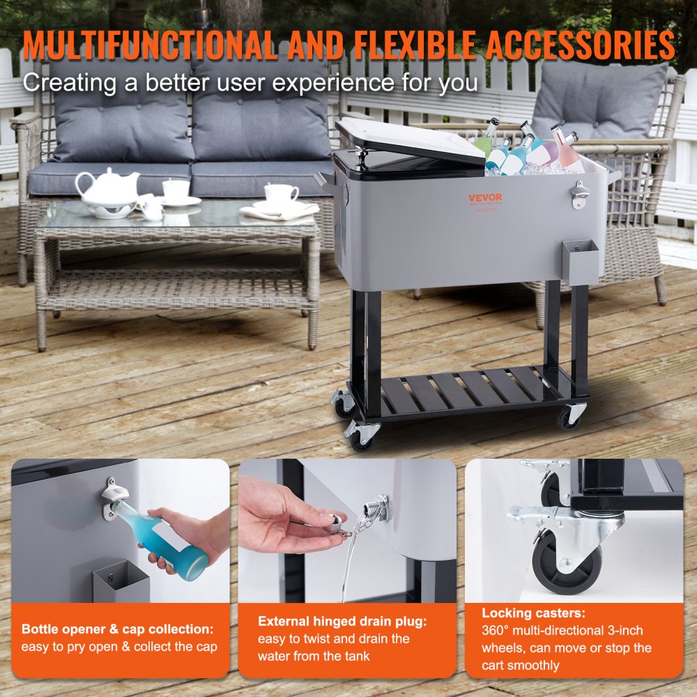 VEVOR Carrello Mobile Bar Mini Frigo per Bevande Carrello Isotermico Capienza 80QT Apribottiglie Scatola Raccoglie Tappi, Carrello per Bevande Contenitore per Ghiaccio Portabirre da Esterno per Feste