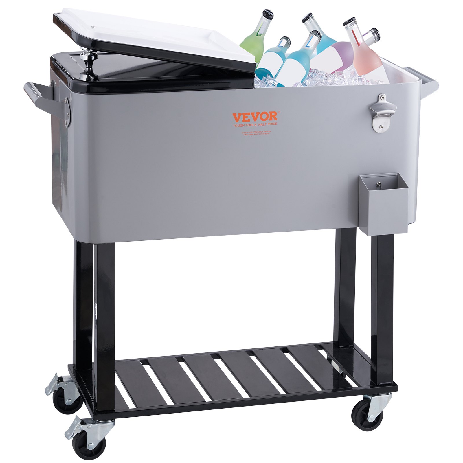 VEVOR Carrello Mobile Bar Mini Frigo per Bevande Carrello Isotermico Capienza 80QT Apribottiglie Scatola Raccoglie Tappi, Carrello per Bevande Contenitore per Ghiaccio Portabirre da Esterno per Feste