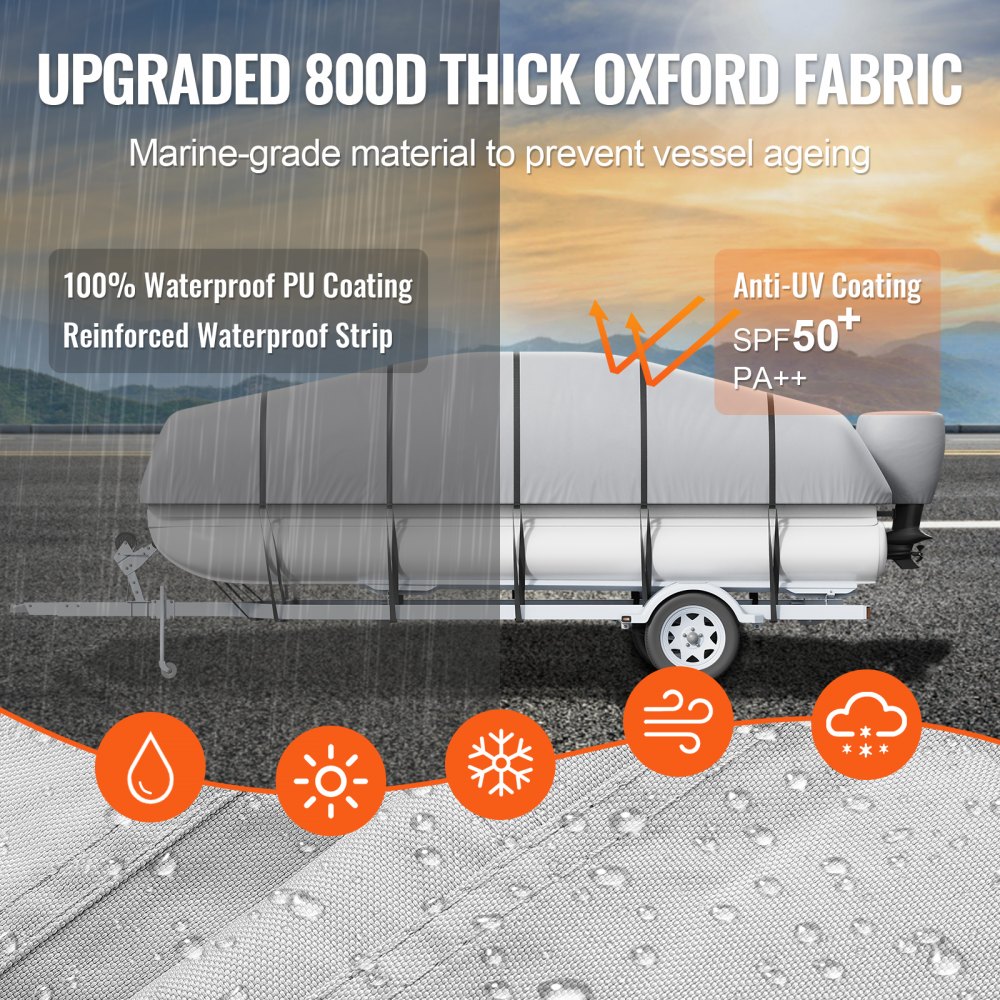 VEVOR Pontoon Boat Cover, 579-609 cm Waterproof, Trailerable Pontoon Cover, 800D Marine Grade PU Oxford Fabric, with Engine Cover, 16 Windproof Buckle Straps