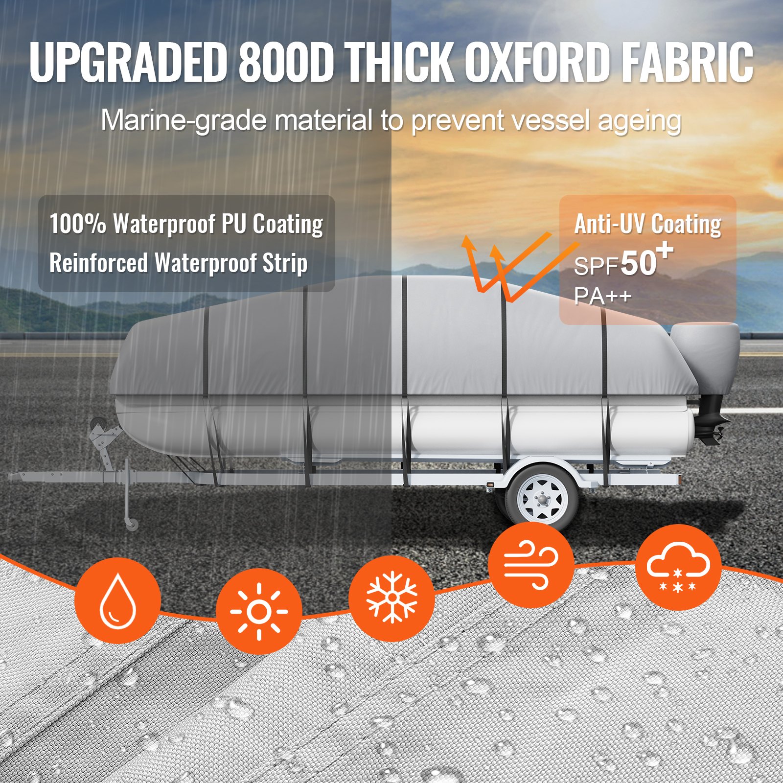 VEVOR Pontoon Boat Cover, 579-609 cm Waterproof, Trailerable Pontoon Cover, 800D Marine Grade PU Oxford Fabric, with Engine Cover, 16 Windproof Buckle Straps