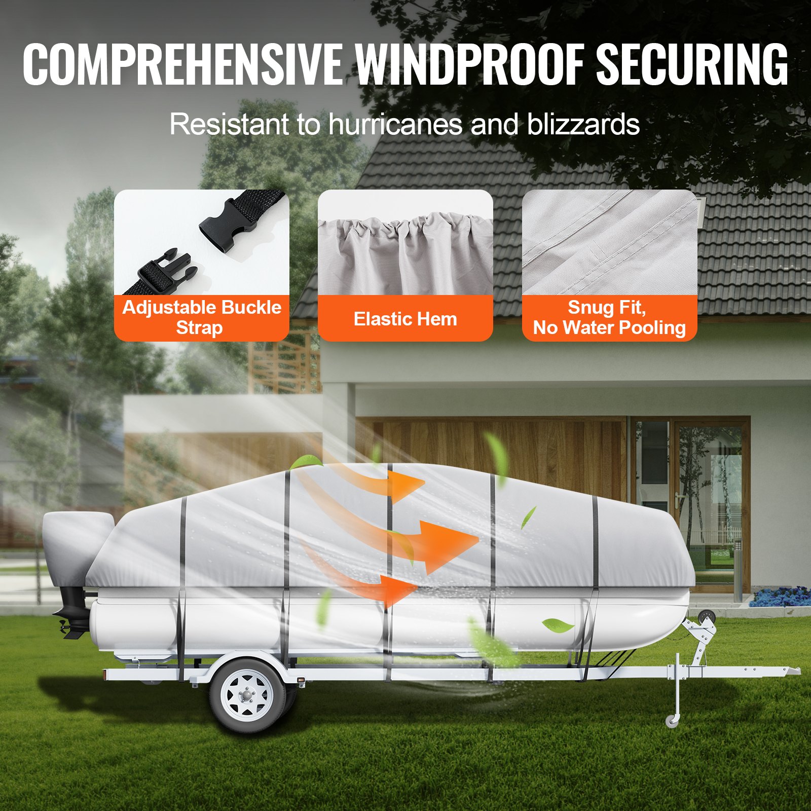 VEVOR Pontoon Boat Cover, 579-609 cm Waterproof, Trailerable Pontoon Cover, 800D Marine Grade PU Oxford Fabric, with Engine Cover, 16 Windproof Buckle Straps