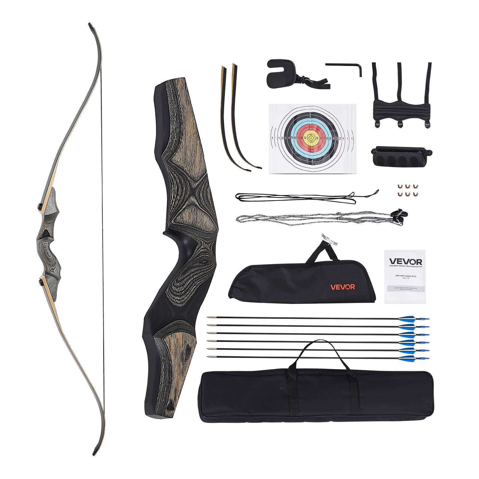 VEVOR Recurve Bow & Arrows Set (1524 mm) Takedown Bows Made of Wood, Right-Handed Ergonomic Recurve Bow Package, Longbow for Outdoor Target Training, Beginner to Advanced Archers, 20.41 kg
