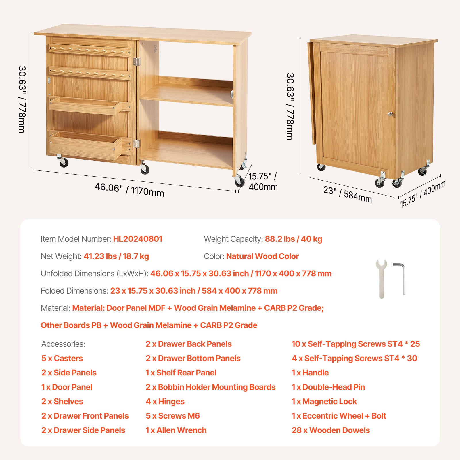 VEVOR Tavolo da Cucito Pieghevole, Tavolo Multiuso per Macchina da Cucire Design Compatto a Rotelle Piano Vassoio Portaoggetti, Pioli in Legno Ante Magnetiche, Mobiletto per Macchina da Cucire