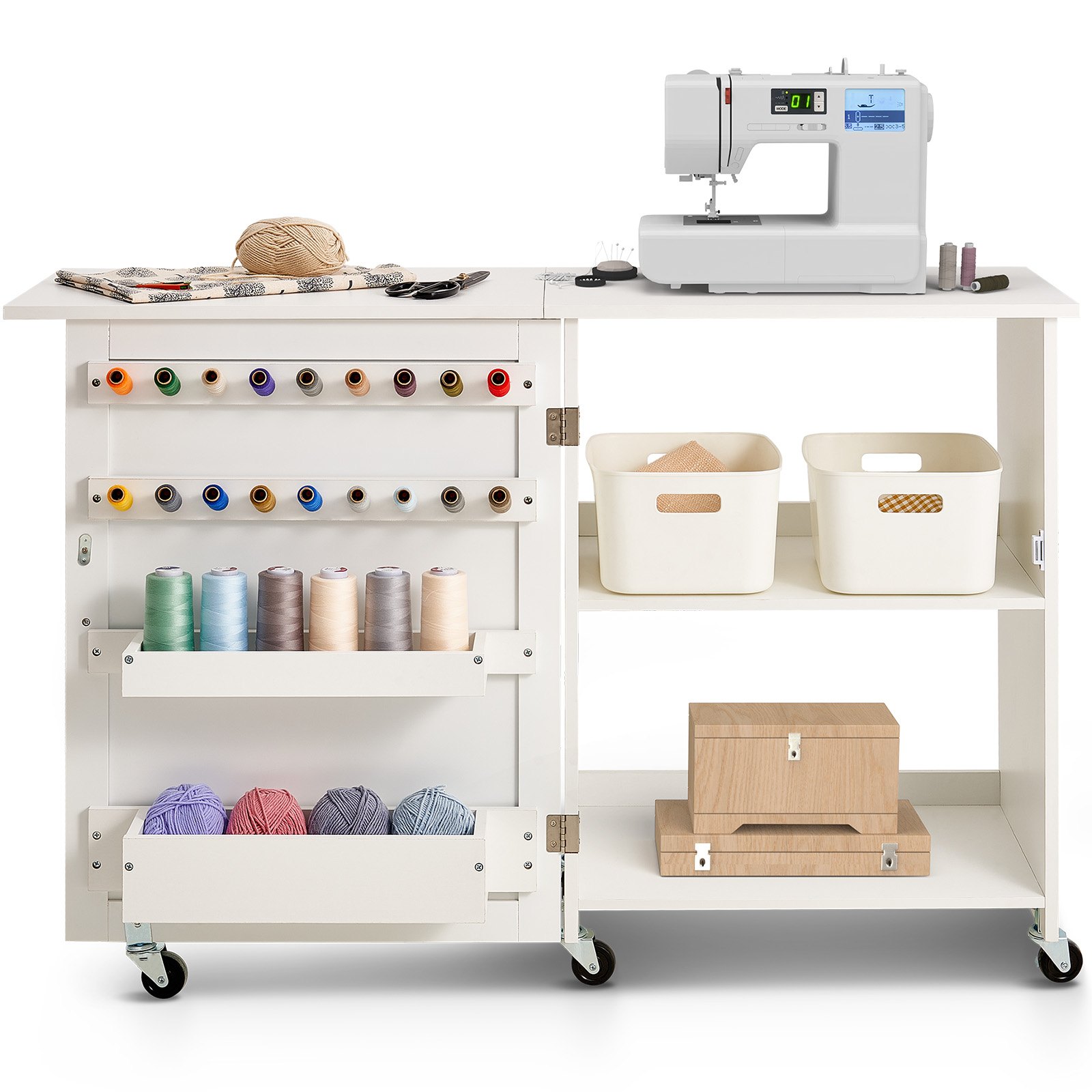 VEVOR Folding Sewing Table, Multi-Purpose Sewing Machine Table with Wheels, Shelves, Storage Compartments, Wooden Pegs, and Magnetic Doors, Sewing Machine White (1170 x 400 x 778 mm)