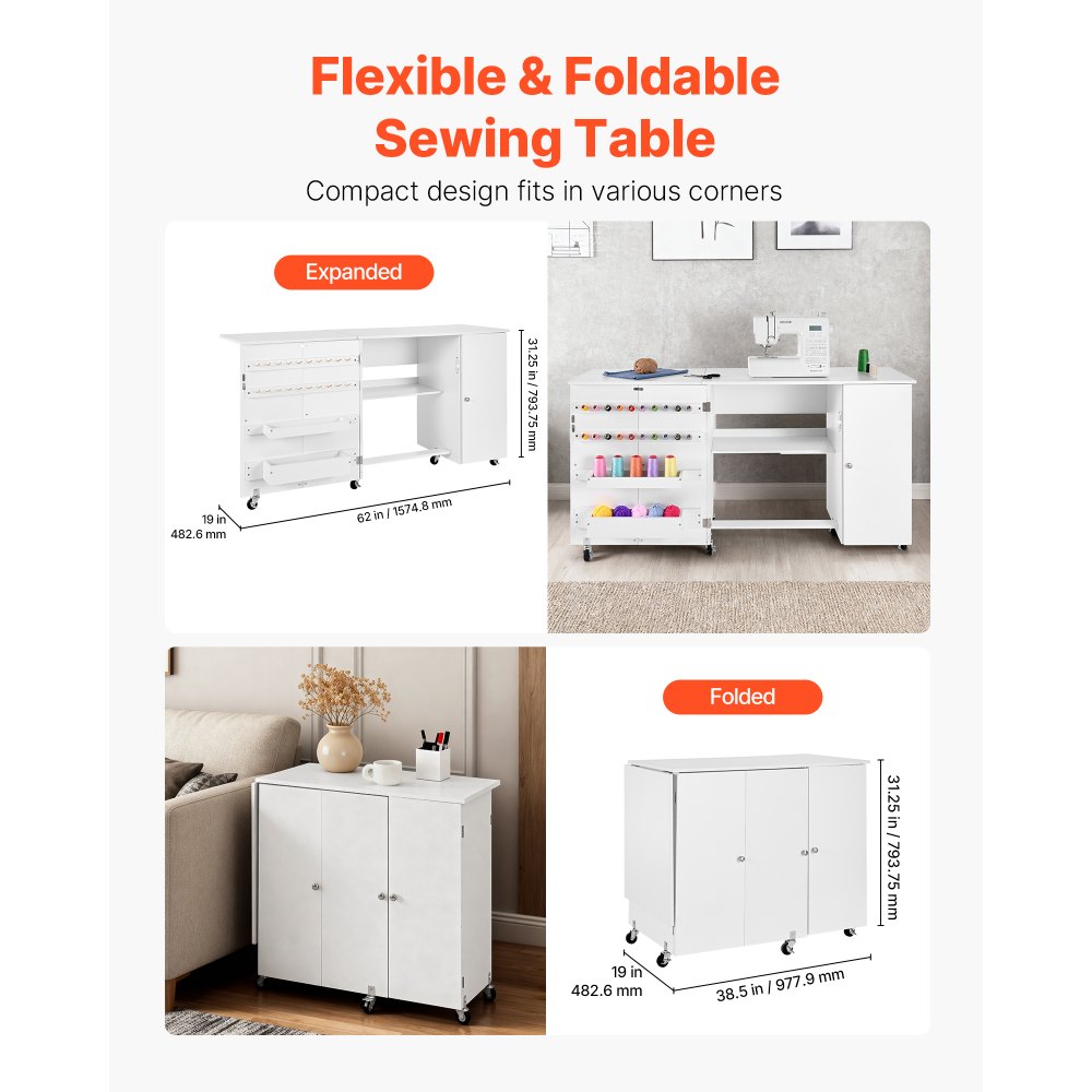VEVOR Tavolo da Cucito Pieghevole Tavolo Multiuso per Macchina da Cucire con Mobiletto Design Compatto, Porta Magnetica, Postazione per Lavori Artigianali e Scrivania per Casa, Bianco