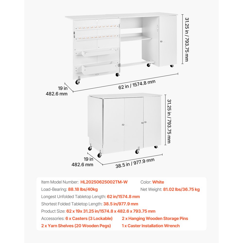 VEVOR Tavolo da Cucito Pieghevole Tavolo Multiuso per Macchina da Cucire con Mobiletto Design Compatto, Porta Magnetica, Postazione per Lavori Artigianali e Scrivania per Casa, Bianco