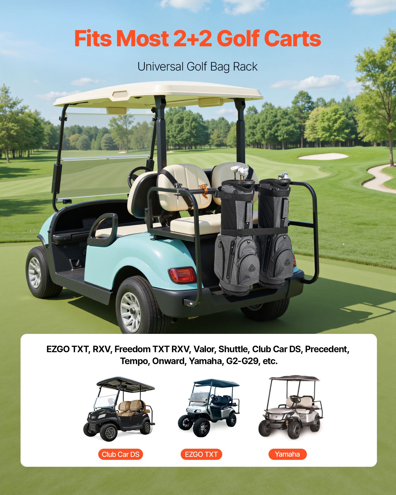 VEVOR Supporto per Sacca da Golf 1370 x 195 x 60,5 mm Supporto per Mazze Regolabile per Carrelli Posteriori con Cinghia, per Maggior Parte dei Sedili Posteriori dei Golf Carrello 2+2 con Tubi Quadrati