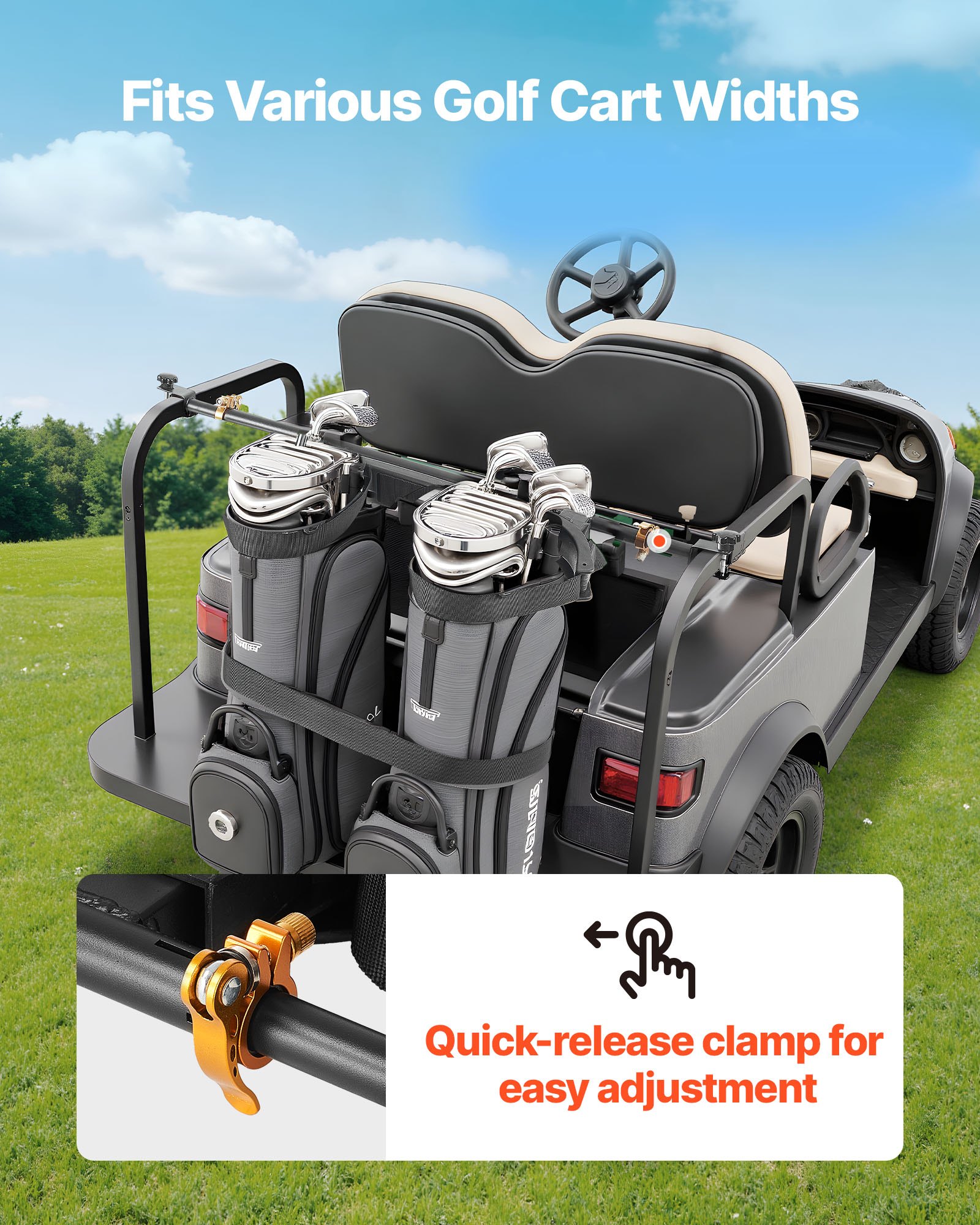 VEVOR Supporto per Sacca da Golf 1370 x 195 x 60,5 mm Supporto per Mazze Regolabile per Carrelli Posteriori con Cinghia, per Maggior Parte dei Sedili Posteriori dei Golf Carrello 2+2 con Tubi Quadrati