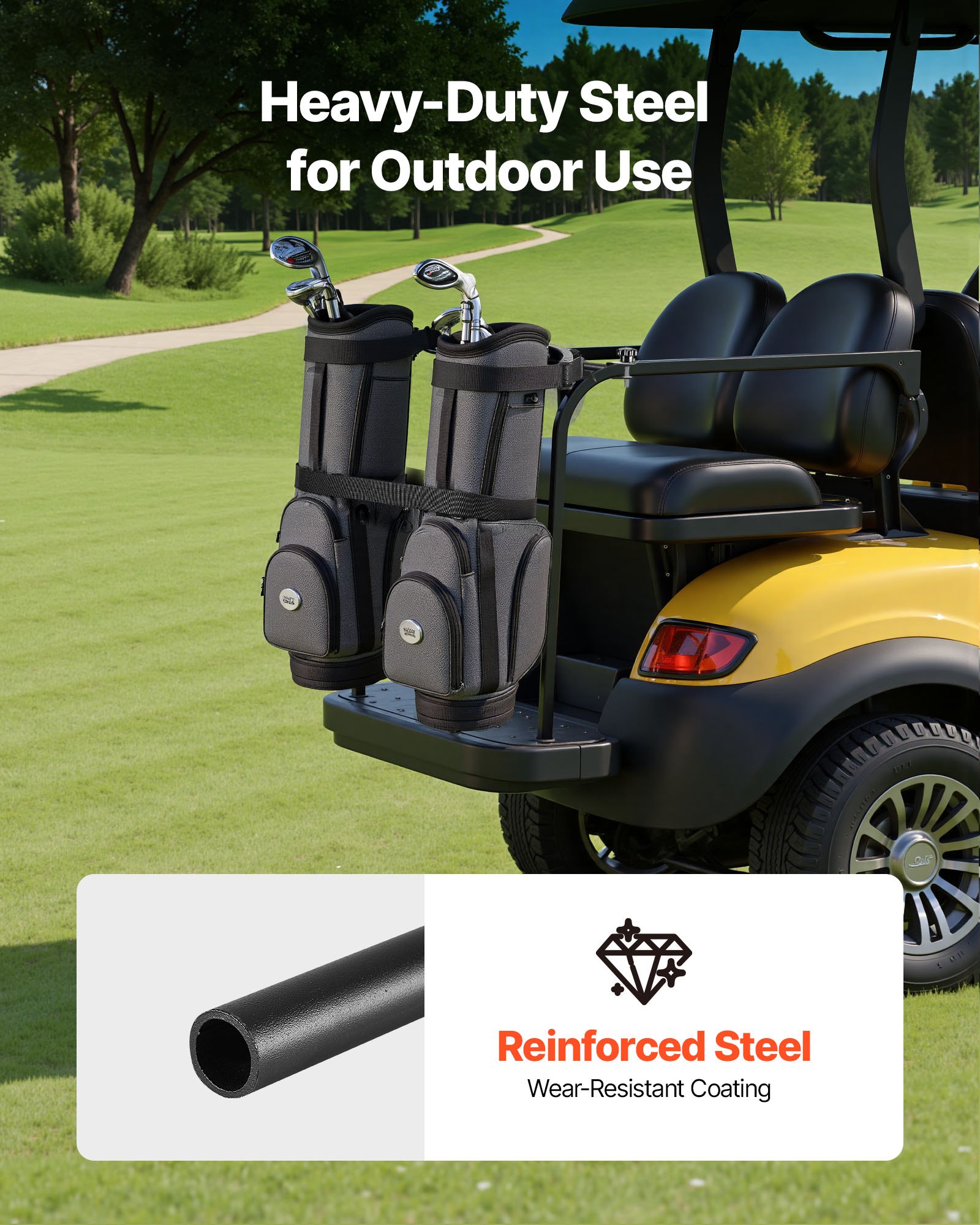 VEVOR Supporto per Sacca da Golf 1370 x 195 x 60,5 mm Supporto per Mazze Regolabile per Carrelli Posteriori con Cinghia, per Maggior Parte dei Sedili Posteriori dei Golf Carrello 2+2 con Tubi Quadrati