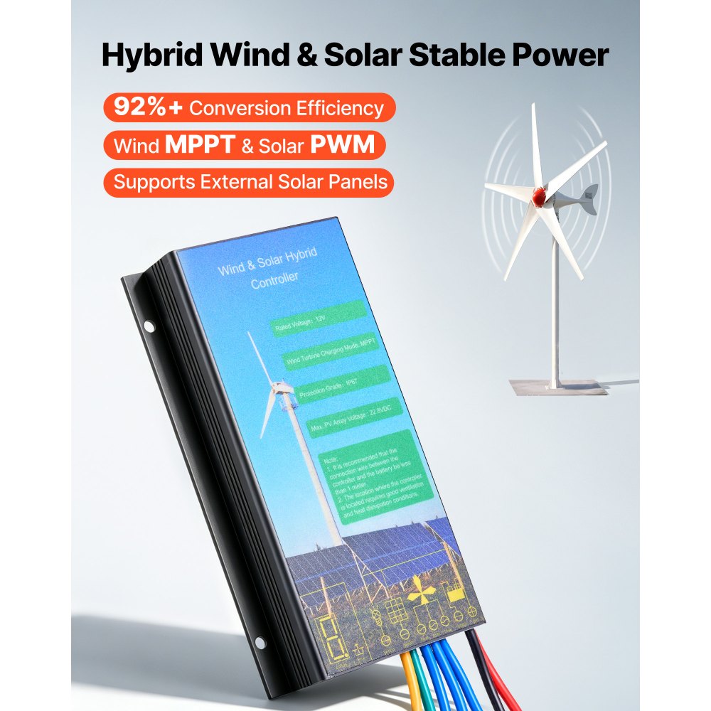 VEVOR Generatore Eolico 800 W 12 V 5 Pale Controller Ibrido Eolico-Solare, Kit Turbina Eolica, Generatore AC Trifase a Magneti Permanenti, per Camper, Barca e Fattoria, Palo di Montaggio Non Incluso