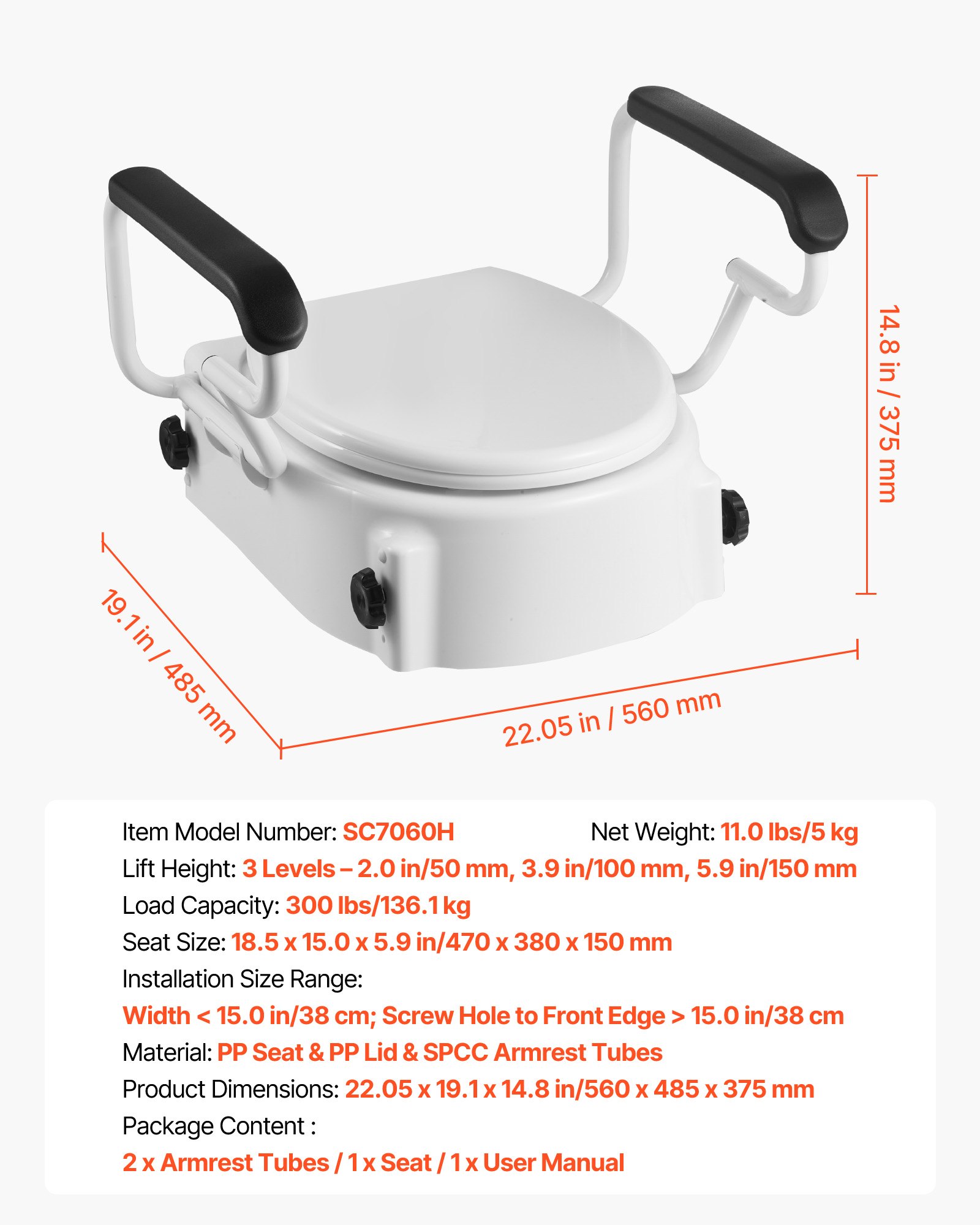 VEVOR Sedile Sollevabili di Ausilio Mobilità con Capacità di Carico di 136 kg e Altezza di Sollevamento di 101,6 mm e Coperchio per WC, con Maniglie Imbottite per Anziani, Donne Incinte
