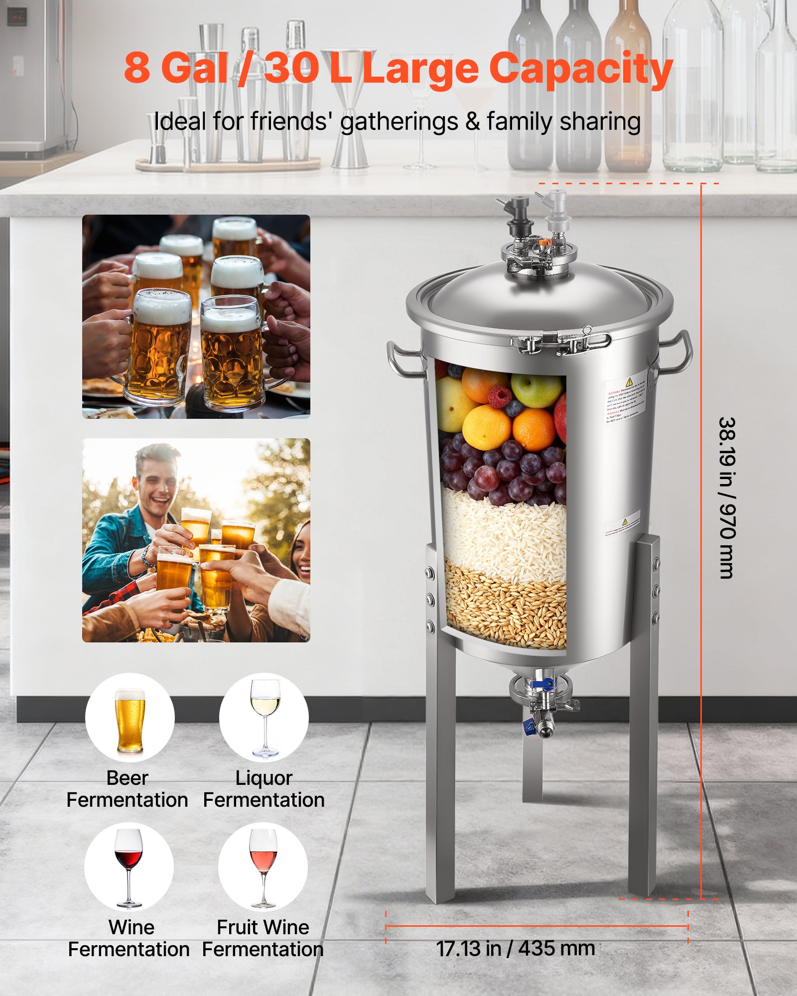 VEVOR Serbatoio di Fermentazione Conico per Produzione di Birra in Acciaio Inox da 30 Litri, Bollitore di Fermentazione con Fondo Conico con Coperchio, Maniglia, Termometro, Uso Domestico